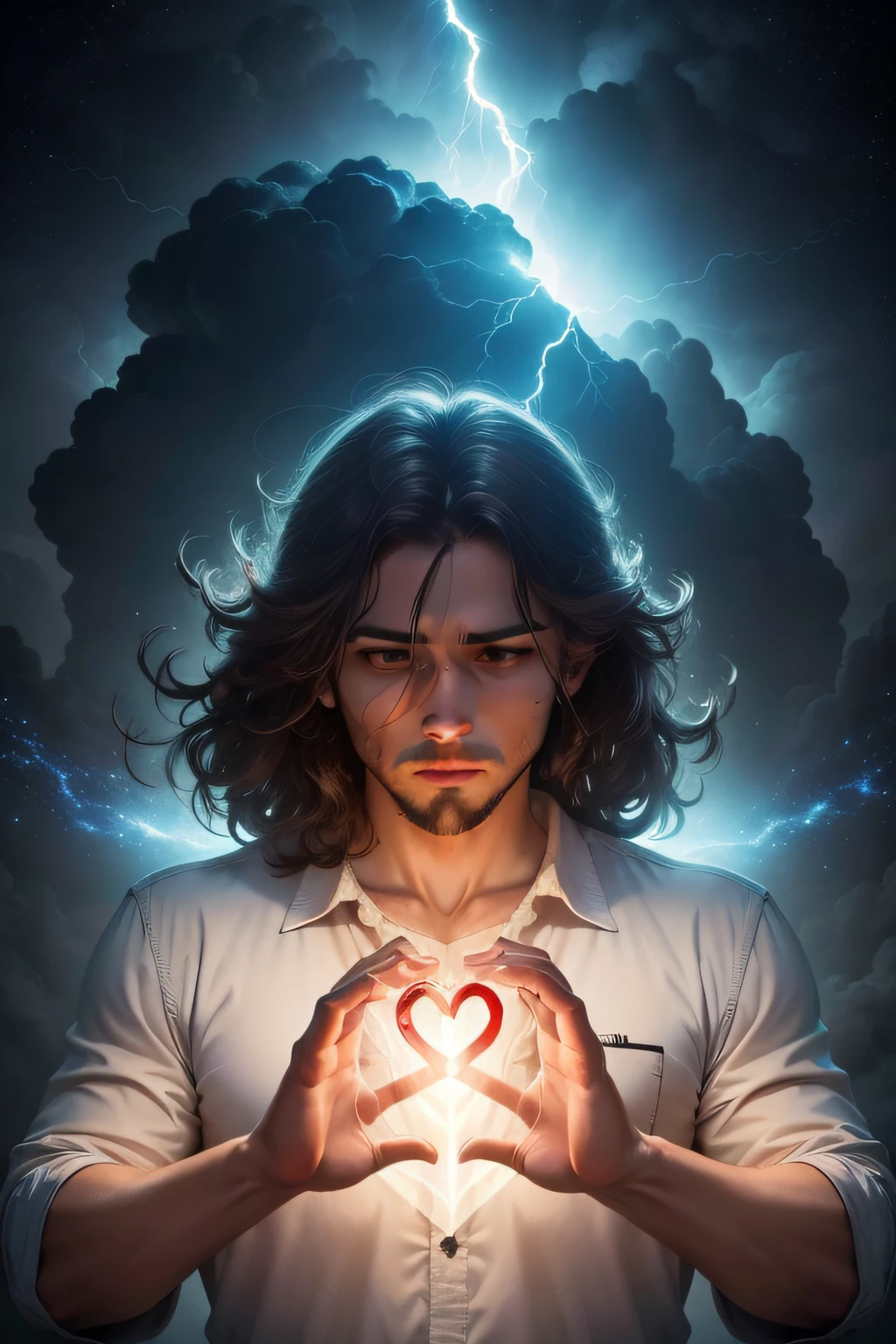 God IN THE CLOUDS WITH BRABCAS CLOTHES A VERY STRONG LIGHT IN THE BACKGROUND looking at the heart 
A metaphorical representation of God looking into the human interior, em contraste com a maneira como os homens veem. The image may show a human heart being illuminated by a VERY STRONG LIGHT COMING FROM THE DIVINE CLOUDS, destacando a profundidade e a sinceridade que Deus busca. Um universo inteiro contido dentro de um frasco de vidro, super realista, hiper detalhado, dramatic lightning, 4k