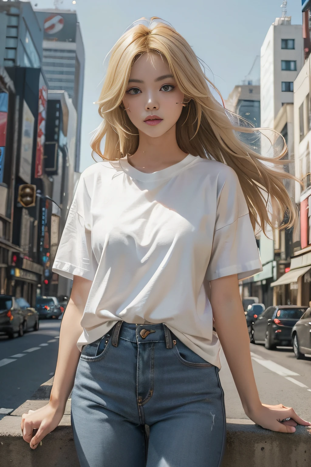 (masterpiece、top-quality、top-quality、raw、A hyper-realistic)、Urban cityscape、Shibuya cityscape、((Beautiful foreign woman with pretty blonde hair)))、(((Please wear a plain white T-shirt all over your body.)))、((whole body visible))、(standing straight ahead)、(T-shirt is out of pants)、Wearing jeans、ighly detailed、colourfull、highestdetailed