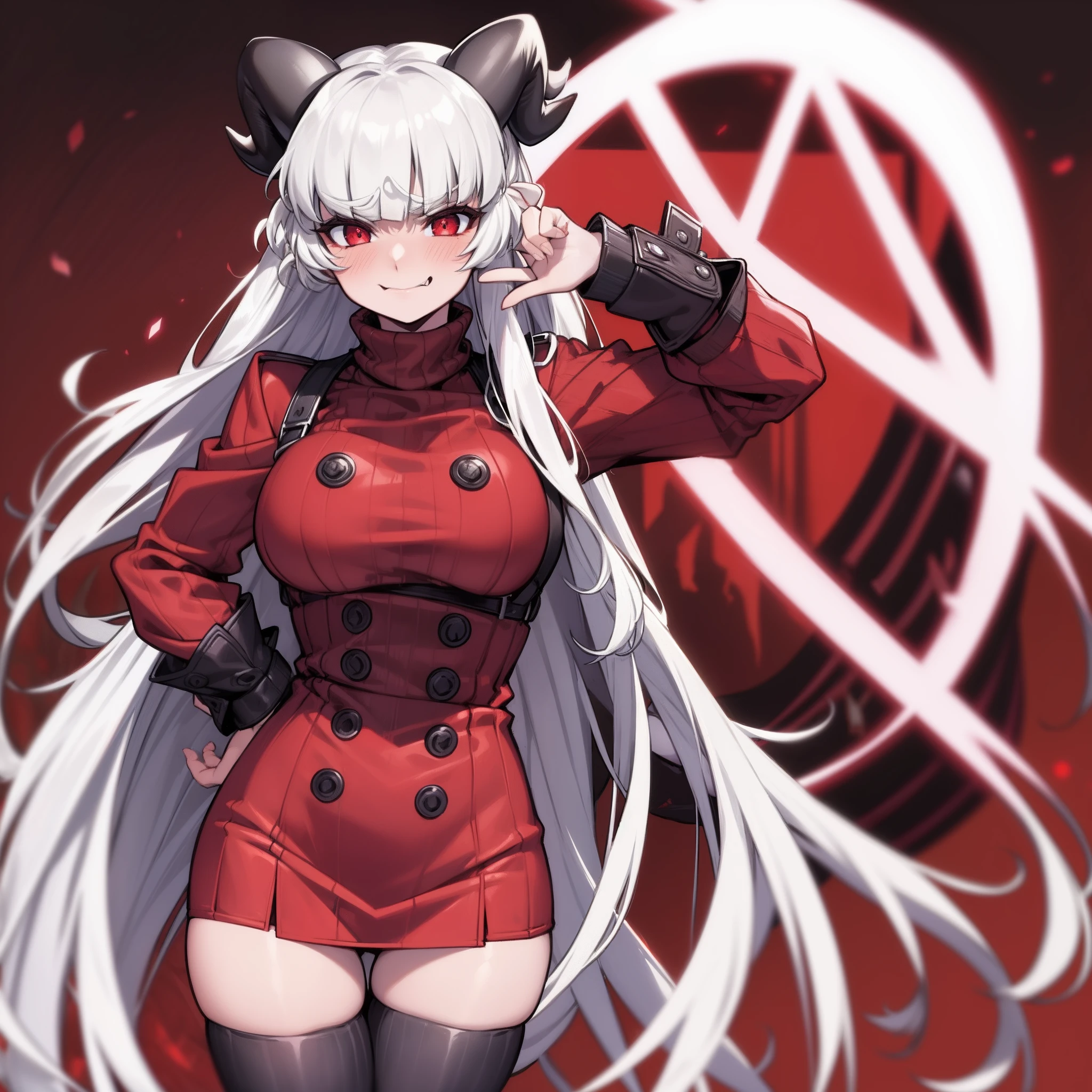 modeus(helltaker), black horns, large breasts, simple background, red eyes, long sleeves, closed mouth, symbol-shaped pupils, clothes tug, white background, black thighhighs, solo, sweater, long hair, white hair, medium hair, demon tail, sleeves past wrists, ribbed sweater, thighhighs, blush, turtleneck, 1girl, turtleneck sweater, heart, demon horns, tail, leaning forward, black tail, horns, heart-shaped pupils, red sweater, looking at viewer, hair between eyes, cowboy shot, demon girl