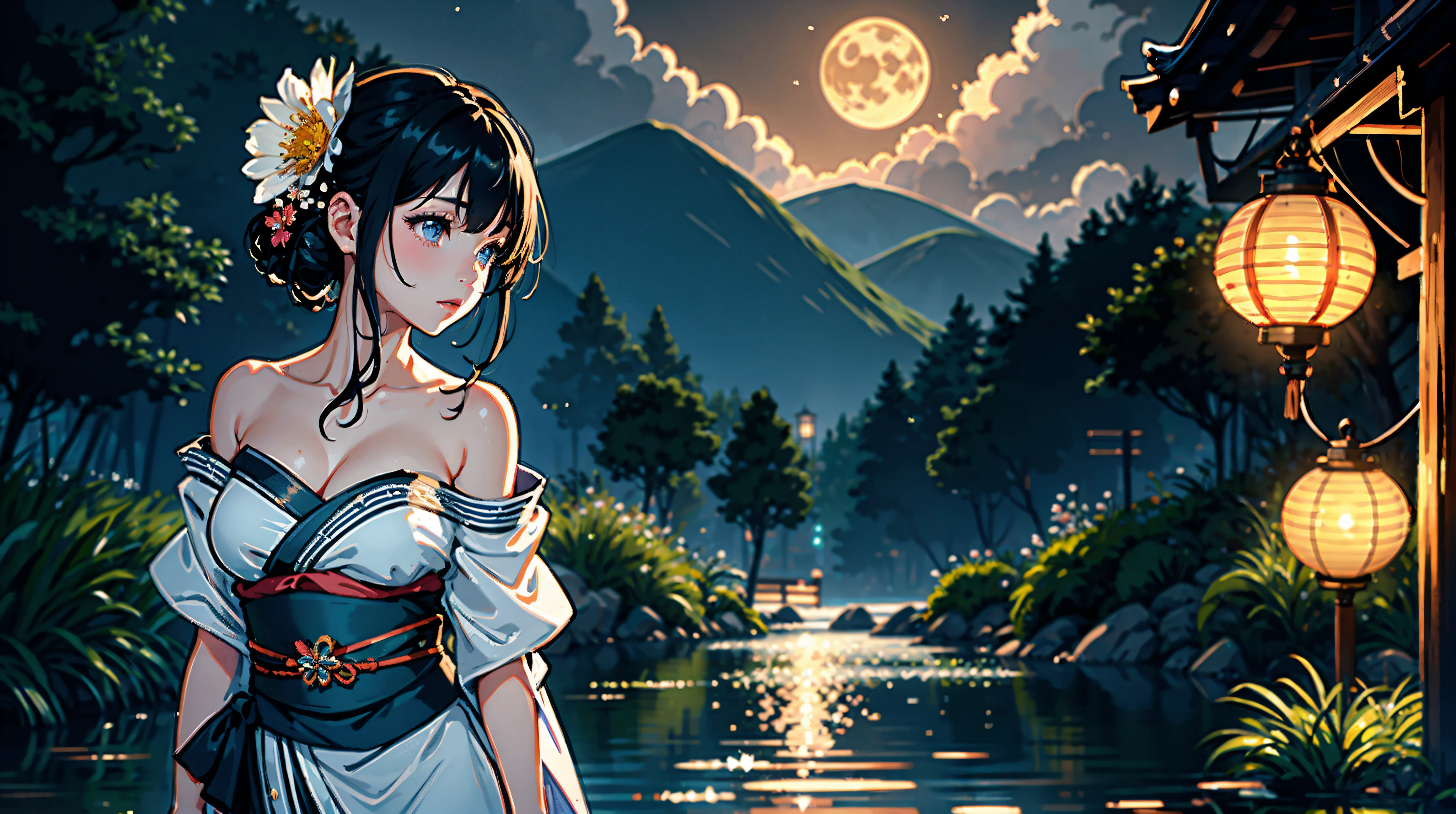 1girl, breasts, moon, lantern, night, solo, large breasts, hair ornament, wet, kimono, japanese clothes, wading, water, hair flower, flower, outdoors, sky, full moon, rain, black hair, off shoulder, mountain, cloud, holding, sash, bare shoulders, paper lantern, standing, white kimono, night sky, sideboob, obi, wet clothes, bangs, tree, from side, reflection, short hair, cloudy sky, wet hair (((masterpiece),(extremely detailed CG unity 8k wallpaper),best quality,,solo,1girl,cinematic lighting,detailed background,beautiful detailed eyes,bright pupils, (an extremely delicate and beautiful),(Beautiful and detailed eye description), ultra-detailed,masterpiece,)),