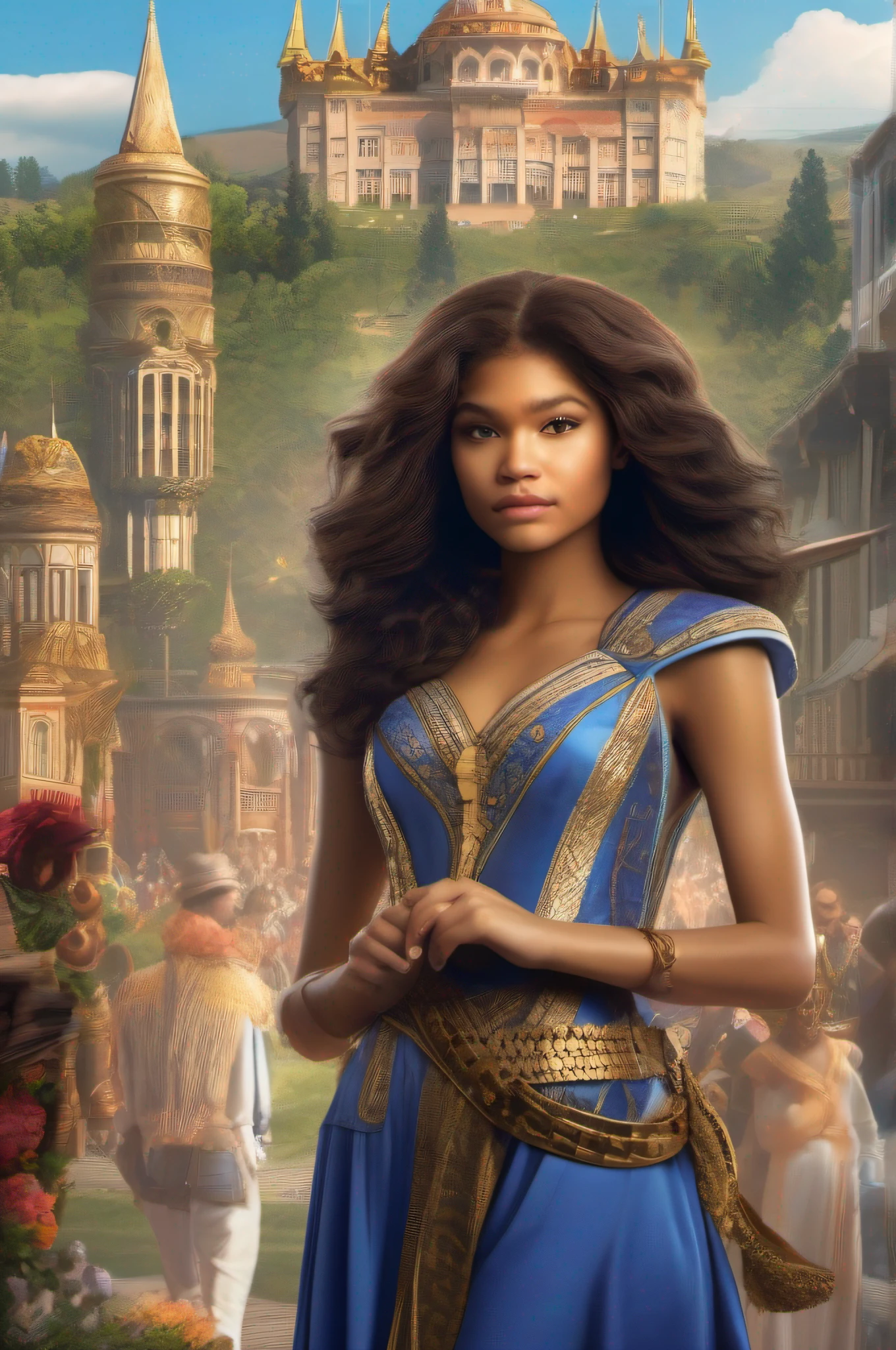 Generate an image depicting the majestic kingdom of Troye, with towering palaces, bustling markets, and lush landscapes. Show Zendaya, distinguished by her valor and kindness, being chosen as the future queen, while Erena's jealousy begins to brew in the background