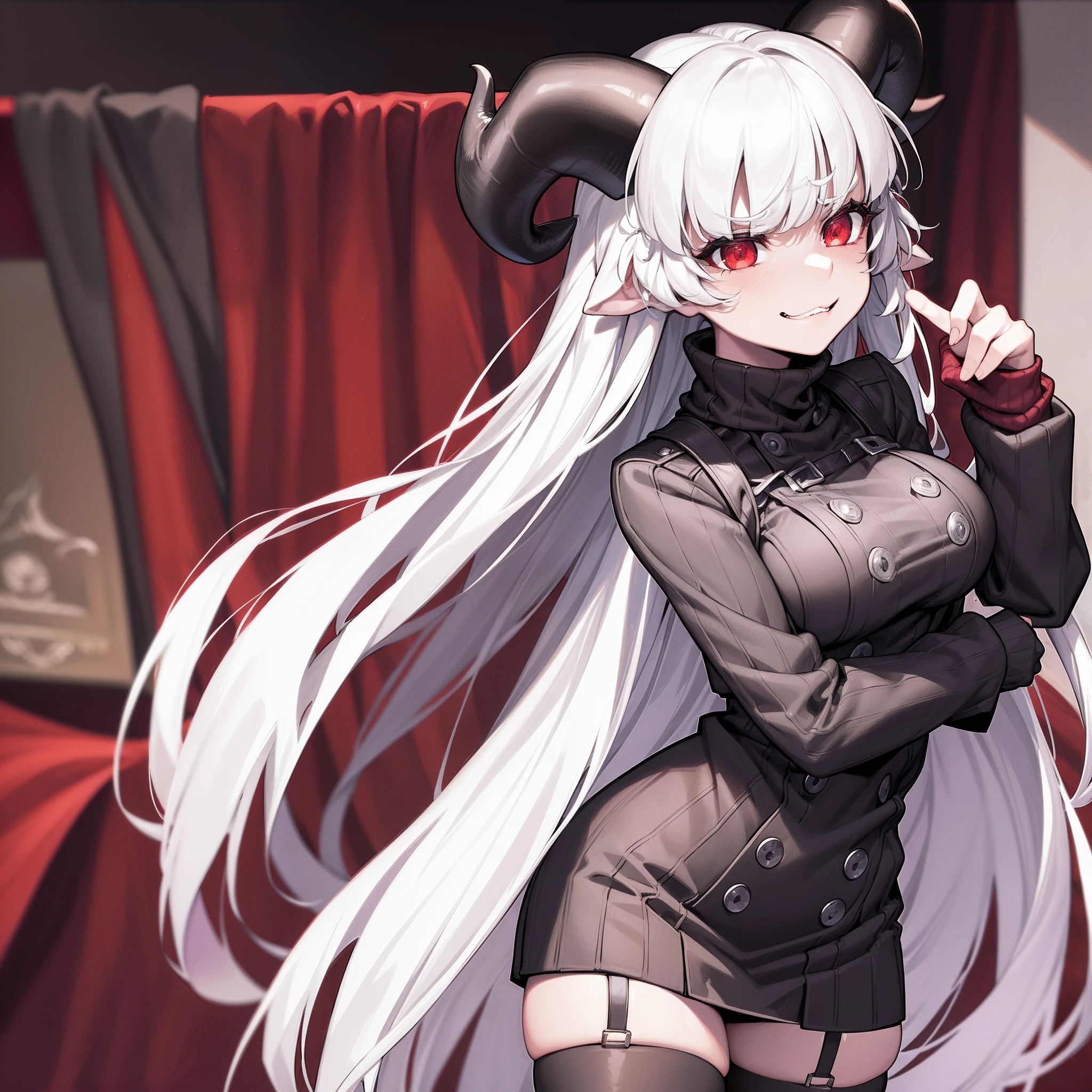 modeus(helltaker), black horns, large breasts, simple background, red eyes, long sleeves, closed mouth, symbol-shaped pupils, clothes tug, white background, black thighhighs, solo, sweater, long hair, white hair, medium hair, demon tail, sleeves past wrists, ribbed sweater, thighhighs, blush, turtleneck, 1girl, turtleneck sweater, heart, demon horns, tail, leaning forward, black tail, horns, heart-shaped pupils, red sweater, looking at viewer, hair between eyes, cowboy shot, demon girl