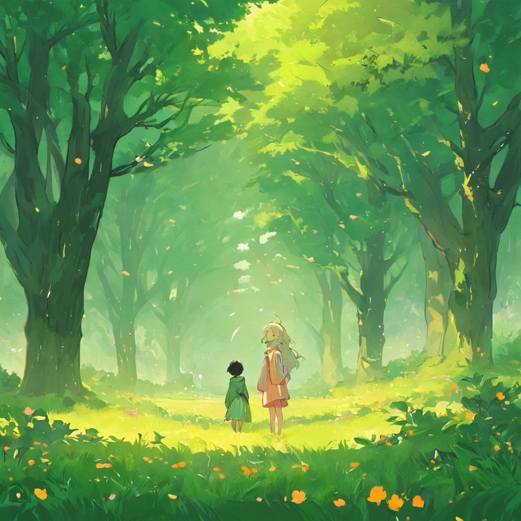 towering trees, peaches and plums,Green meadow,detail-rich,Tender green,The foliage is luxuriant,ambient lights,Fine composition