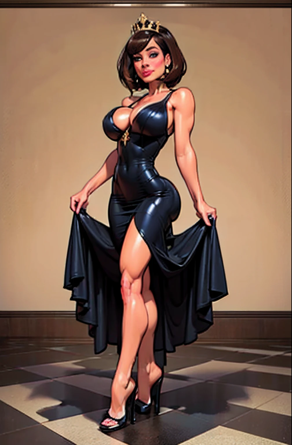 (Best quality, 8k, 32k, Masterpiece, UHD:1.2),Photo of Pretty woman, ((1 girl)), ((solo)) embodiment on chess queen, chess theme, white and black attire,(medium-short dark brown hair), double eyelid, large breasts, breast cleavage, dressed in queen chess piece attire, high heels, standing on chessboard, look at viewer, faint smile, from below