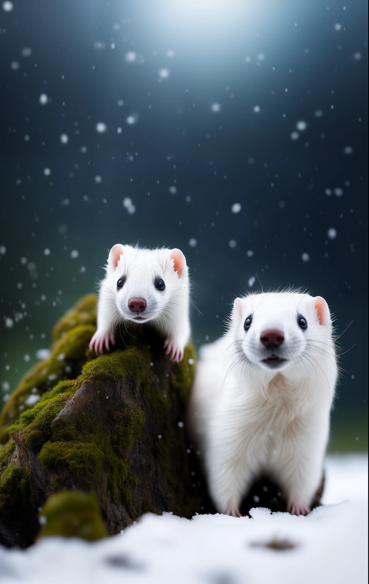 A white ferret in a red hat lies on the snow,There is a tree next to the ferret,The red hat is covered with snowflakes,There is moss on the snow,It's snowing, RAW photo, (8K、top-quality、tmasterpiece:1.2)、(intricately details:1.4)、(Photorealsitic:1.4)、Complex 3D Rendering Ultra Detail, vibrant detail, super detailing, best qualityer,tmasterpiece,(realisticlying:1.4)