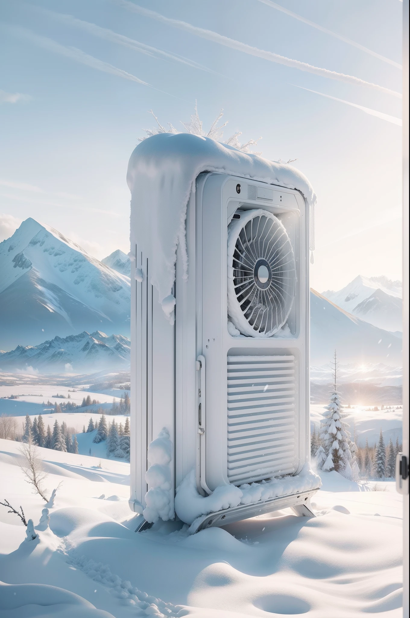 A white phone radiator lying on white snow，There is crystalline glass around，Snowy mountains and light sky in the background，wide wide shot，sun light，photorealestic，4K