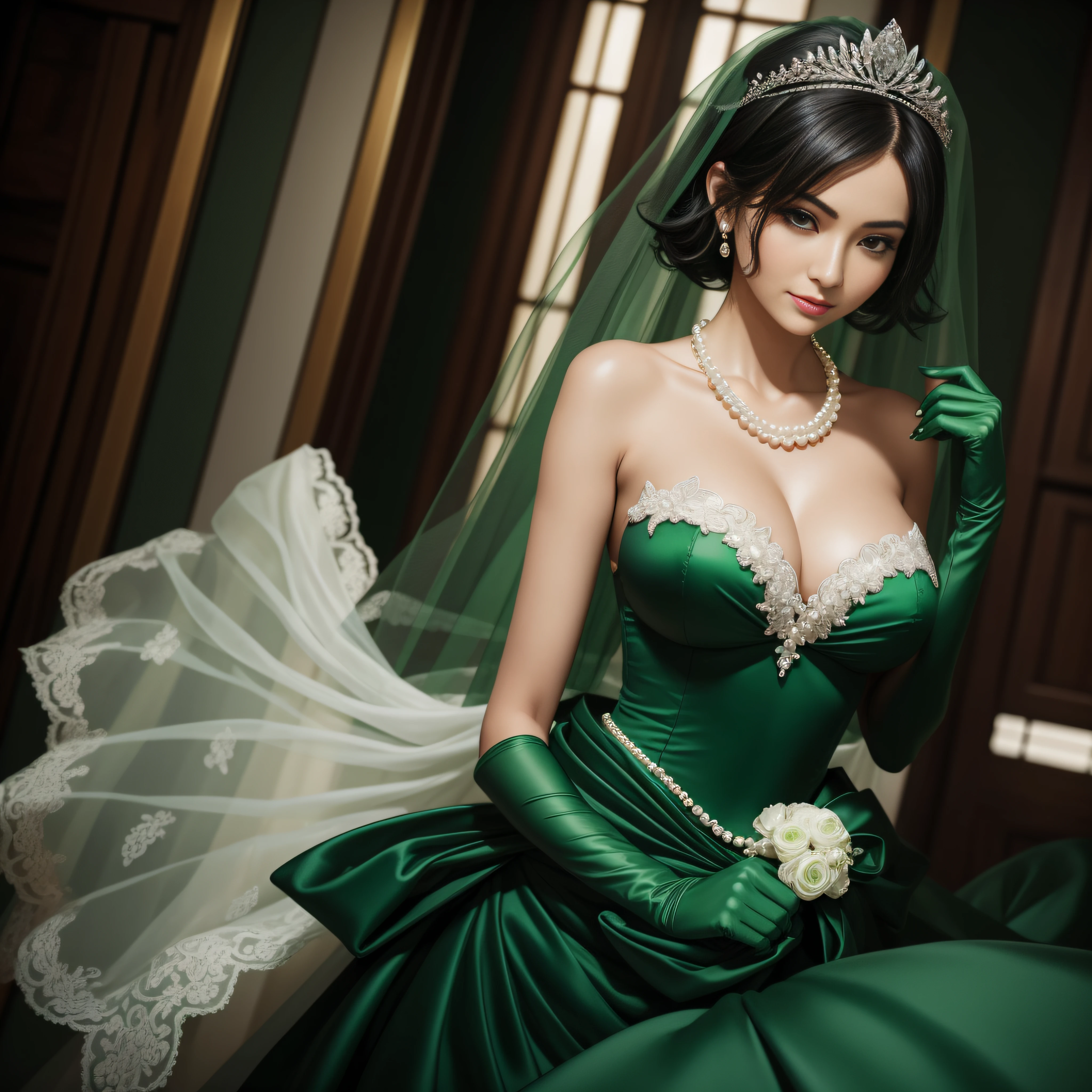 bride,Sense of atmosphere, best qualtiy,tmasterpiece,1girll,30-years old,Green dress,chies,full body Esbian, Green gloves,Very short black hair,big breasts beautiful,looking at viewert,ssmile,Green Bridal Veil,Green Long Grove,Satin green long gloves, lipsticks, Pearl Necklace, Short black hair, Pearl Necklace, emerald tiara, A Japanese Lady