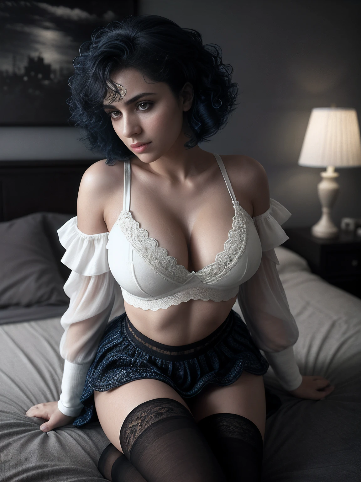 Full body of a Syrian WOMAN, blue curly hair with white crop top and tight pleated skirt, big boobs, angry look, looking away from camera, old syrian city, natural skin texture, 24mm, 4k textures, bright cinematic light, RAW photo, photorealism, photorealistic, intricate, elegant, highly detailed, sharp focus, ((((((cinematic look)))), soft tones, insane details, intricate details, hyperdetailed, low contrast, soft cinematic light, bright colors, exposure mix, hdr, over head view angle, unique poses in bedroom, over the knees black socks