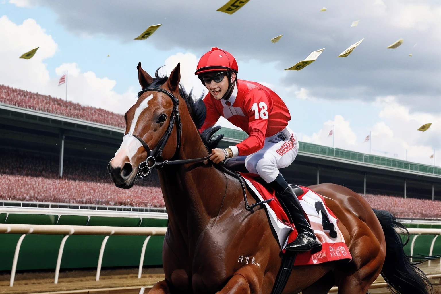 High quality, The start of horse racing、A few horses、A lot of banknotes are falling from the sky、animations, landscape