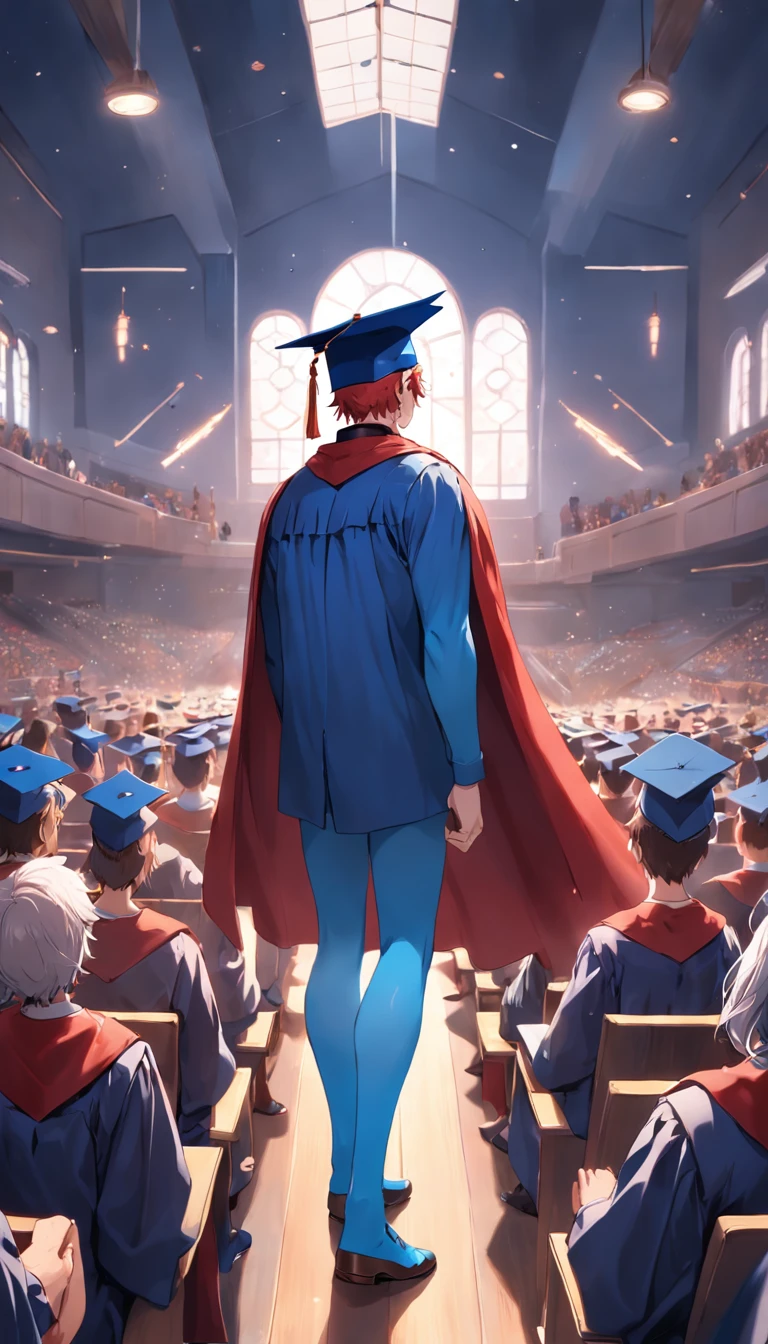 Mature male Blue tights Red cape Graduation cap Group of classmates Ultra wide angle Highest image quality