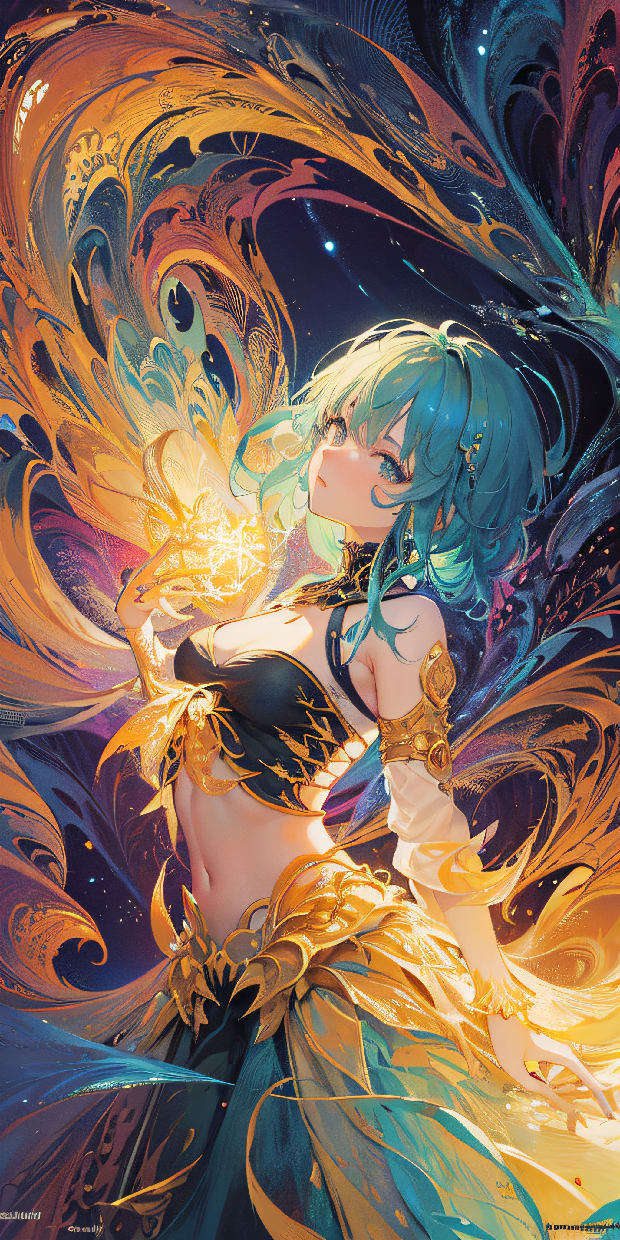 solo, super high image, super detail, high resolution, anime, manga, illustration, fantasy, super cute girl, amorous expression, Bee costume, Bee cosplay, eyes are yellow, laugh mischievously, happy, shy, huge , under boob, g proportion, perfect proportion, slender, Full body, background northern renaissance style, kaleidoscope, rainbow and gold neon light many lines