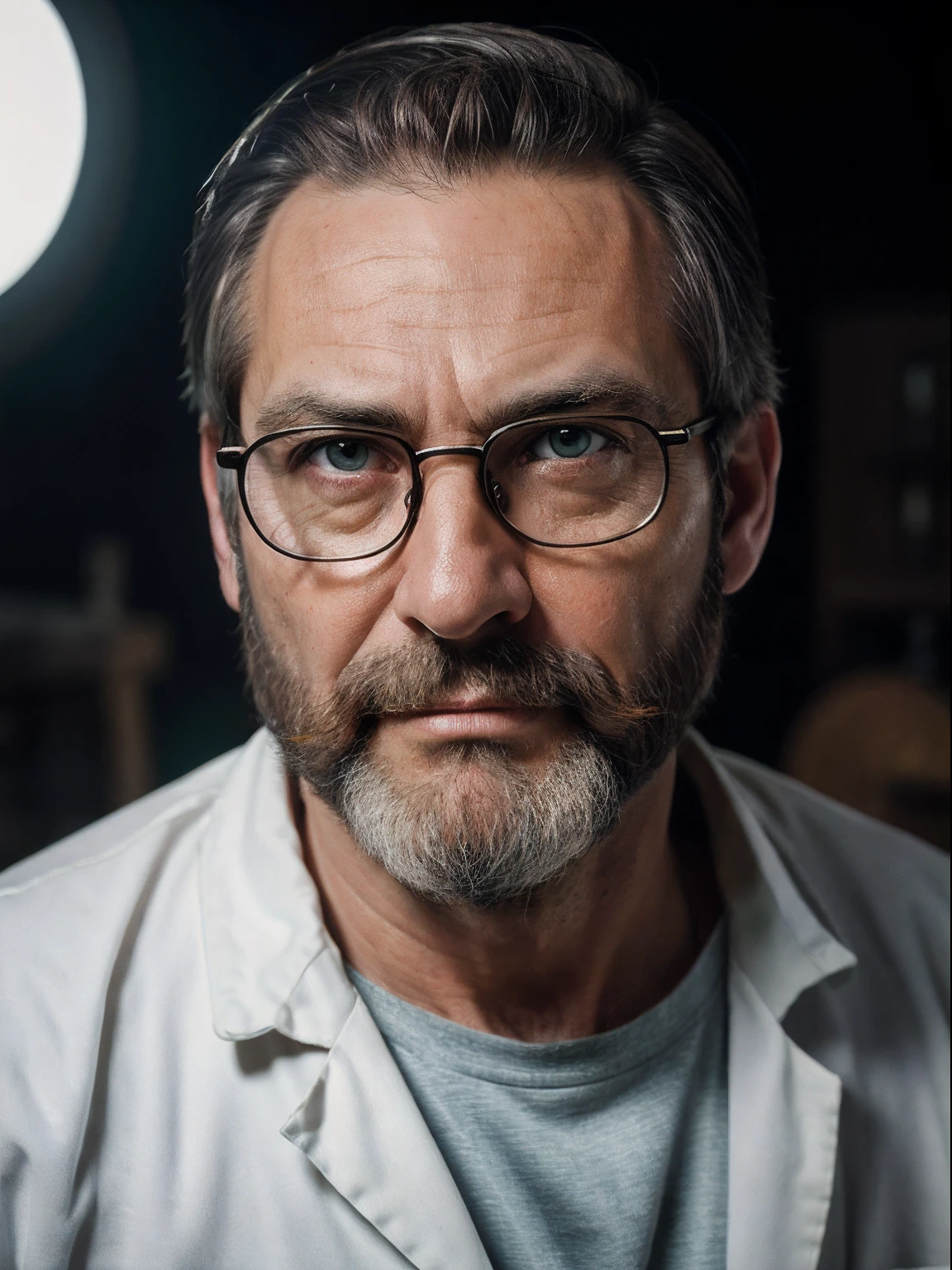 a middle-aged man a professor, detailed skin face, expression wrinkles, woodcutter-style pear beard, green eyes, wear nerd eyewear,tshirt inside white lab coat, stiff countenance.facing the viewer, High Detailed Face, Ultra detailed scene, dslr camera with 50mm Lens, soft studio lighting in lab