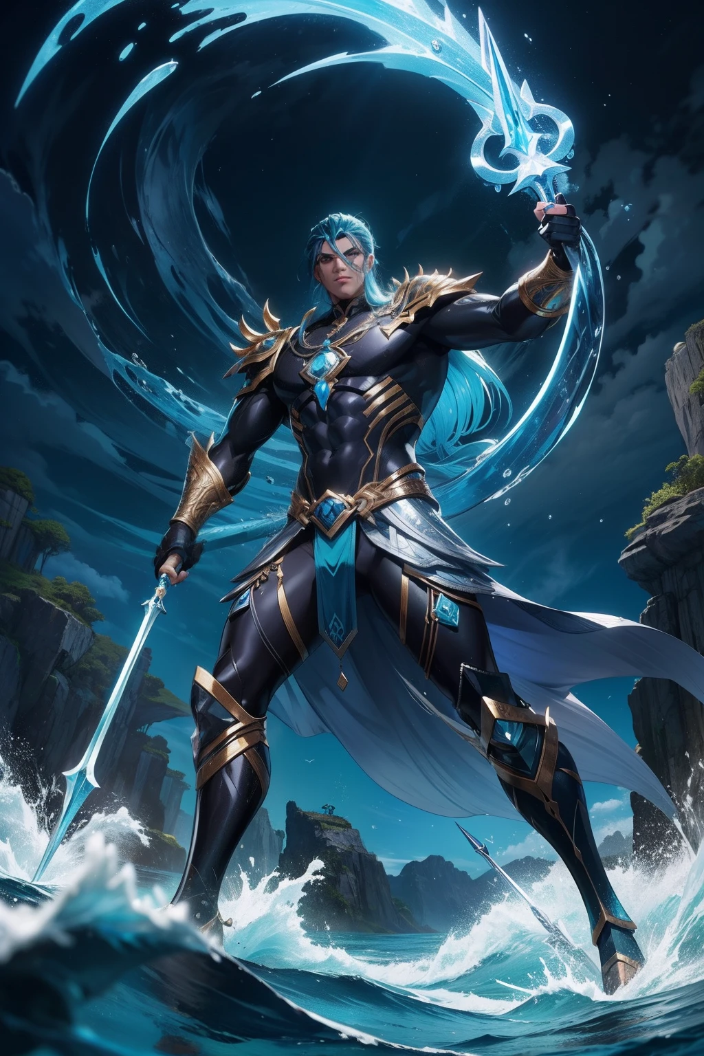 um homem , brasileiro muito bonito , with clothes of a mystical warrior resembling a black suit. Using the powers of water, correndo em cima da agua de um enorme lago azul, holding a spear made of diamond and water in his right hand. aspecto confiante. in the background various sea monsters.