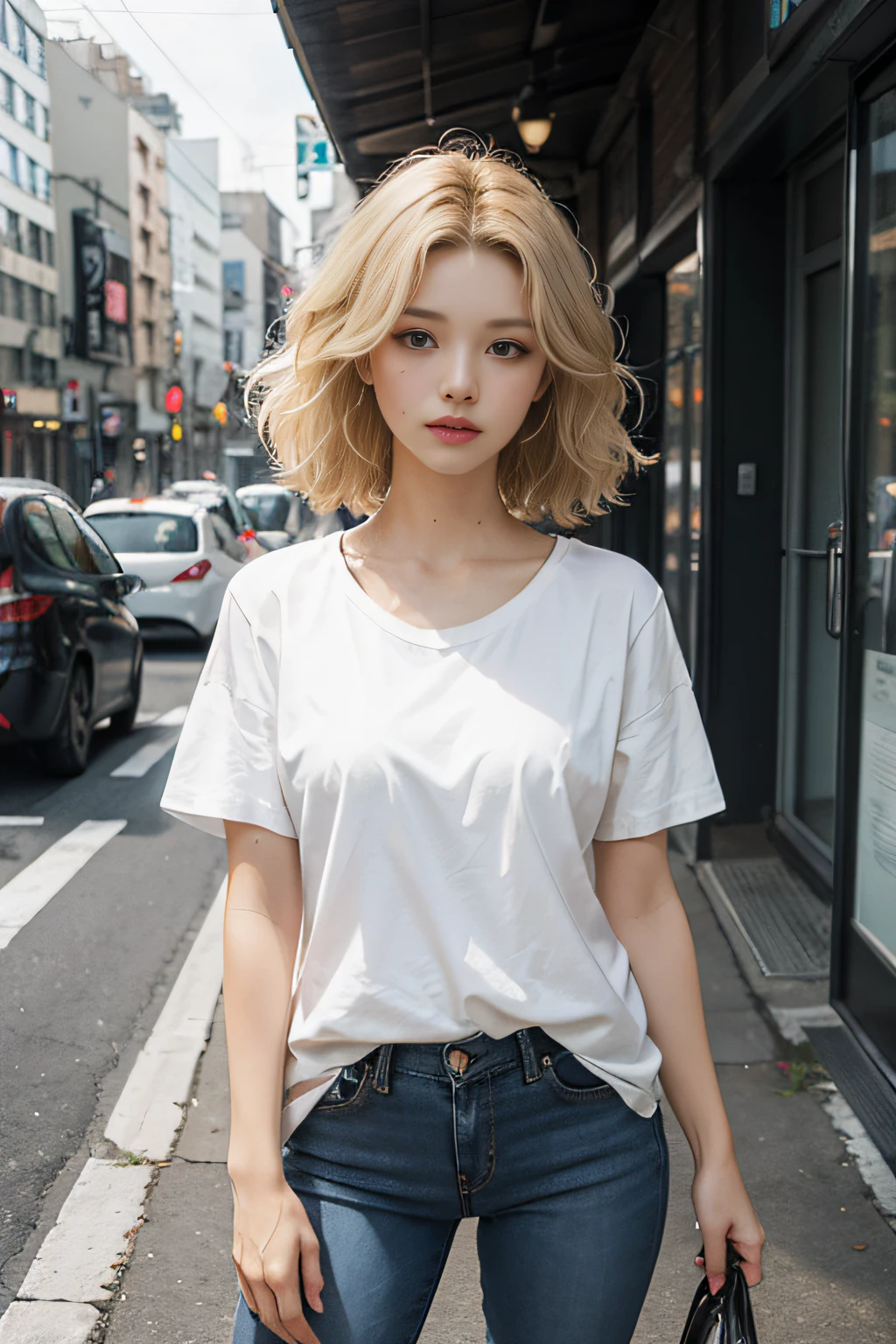 (masterpiece、top-quality、top-quality、raw、A hyper-realistic)、Urban cityscape、Shibuya cityscape、((Beautiful foreign woman with clean blonde hair high nose)))、(((Please wear a plain white T-shirt all over your body.)))、((whole body visible))、(standing straight ahead)、(T-shirt comes out rough from pants)、Wearing jeans、ighly detailed、colourfull、highestdetailed