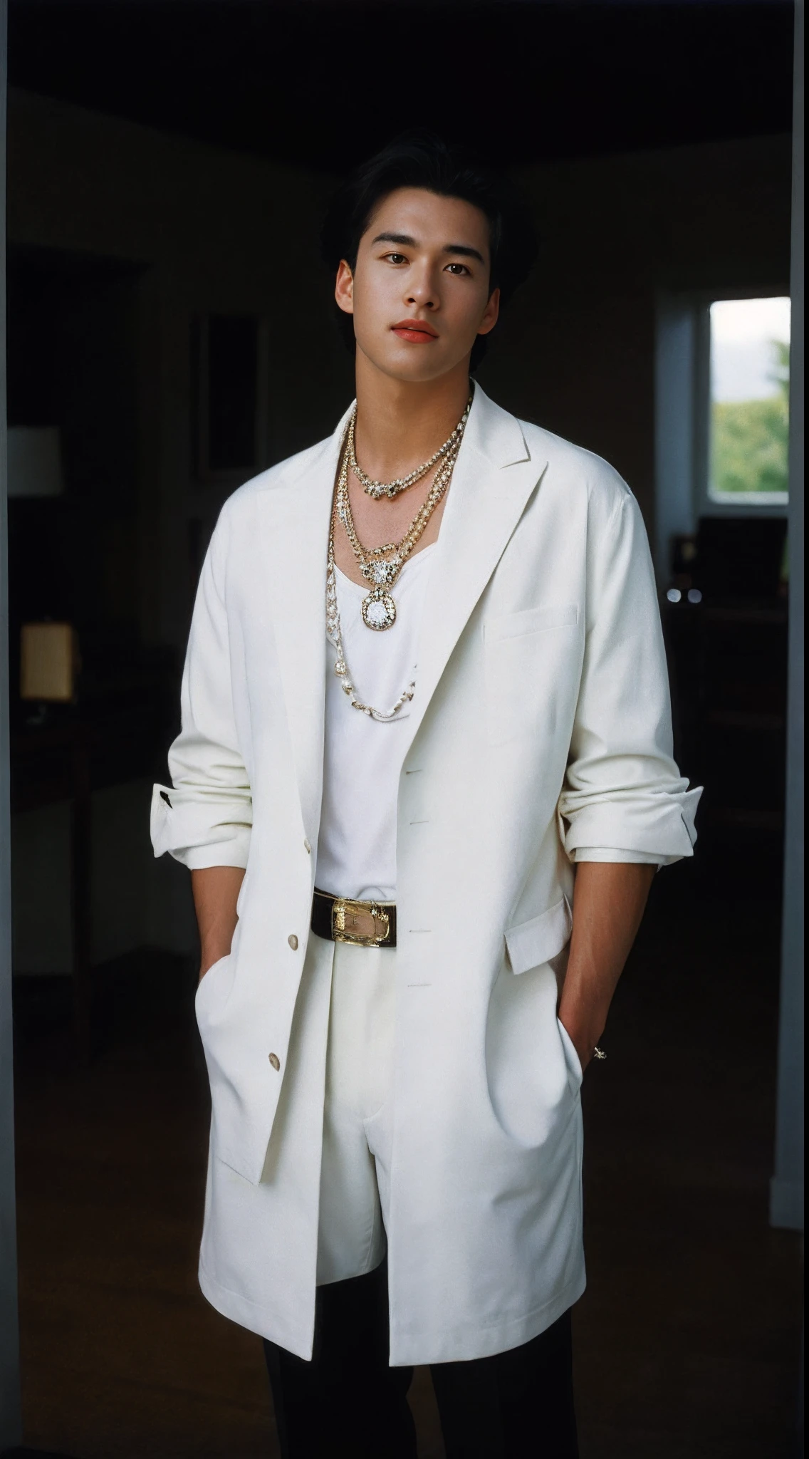 man, 90's, retro, sunny daylight, natural light, white jacket, jewelry, rich house setting, (oldmoney aesthetic:1.1), fashion editorial, film grain, cinematic shot, 1990s magazine, 
80mm f/11 on kodak ektachrome e100, soft focus, film grain, muted colors,