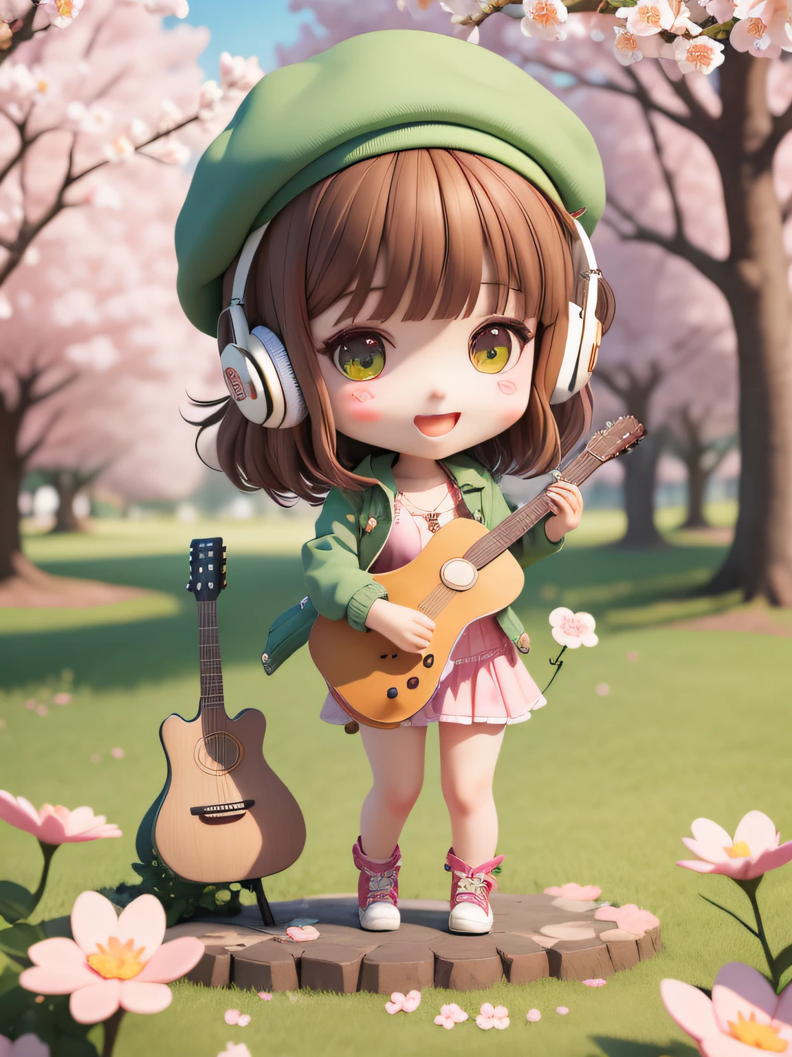 (masterpiece),(best quality),(ultra-detailed), (full body:1.2),
1girl,chibi,cute, smile, open mouth,
flower, outdoors, playing guitar, music, beret, holding guitar, jacket, blush, tree, :3, shirt, short hair, cherry blossoms, green headwear, blurry, brown hair, blush stickers, long sleeves, bangs, headphones, black hair, pink flower,
(beautiful detailed face), (beautiful detailed eyes),