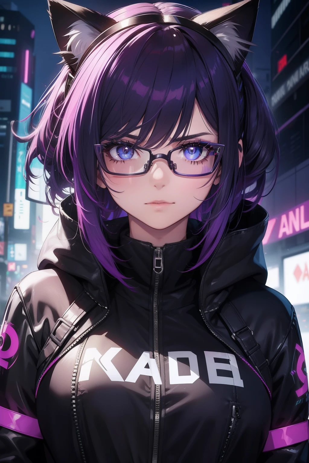 Cyberpunk menina roxo gamer, with glasseswith cat ears, olhos roxos brilhando, Cabelo tamanho medio preto Chanel com pontas roxa