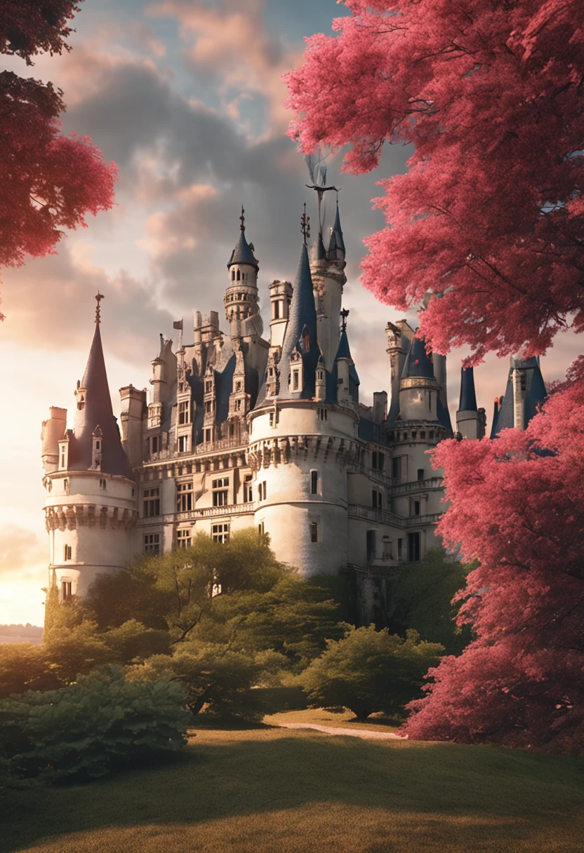 (Beautiful simmiliar, ghibli style, 8K), beauty and the beast, castle, Chateau de Chambord, background, enviorement, Dramatic, hayao miyazaki, studio ghibli, anime, best Lightning, best enviorement, Chateau de Chambord