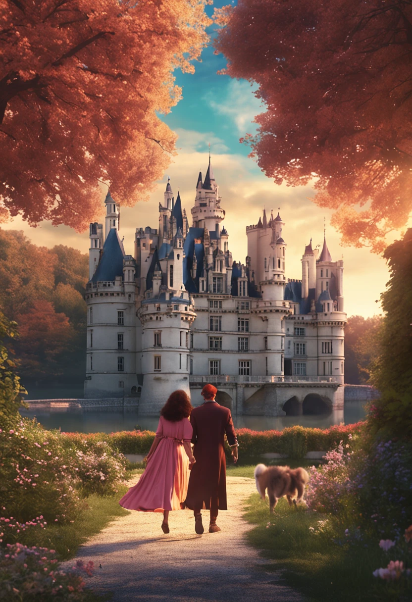 (Beautiful simmiliar, ghibli style, 8K), beauty and the beast, castle, Chateau de Chambord, background, enviorement, Dramatic, hayao miyazaki, studio ghibli, anime, best Lightning, best enviorement, Chateau de Chambord