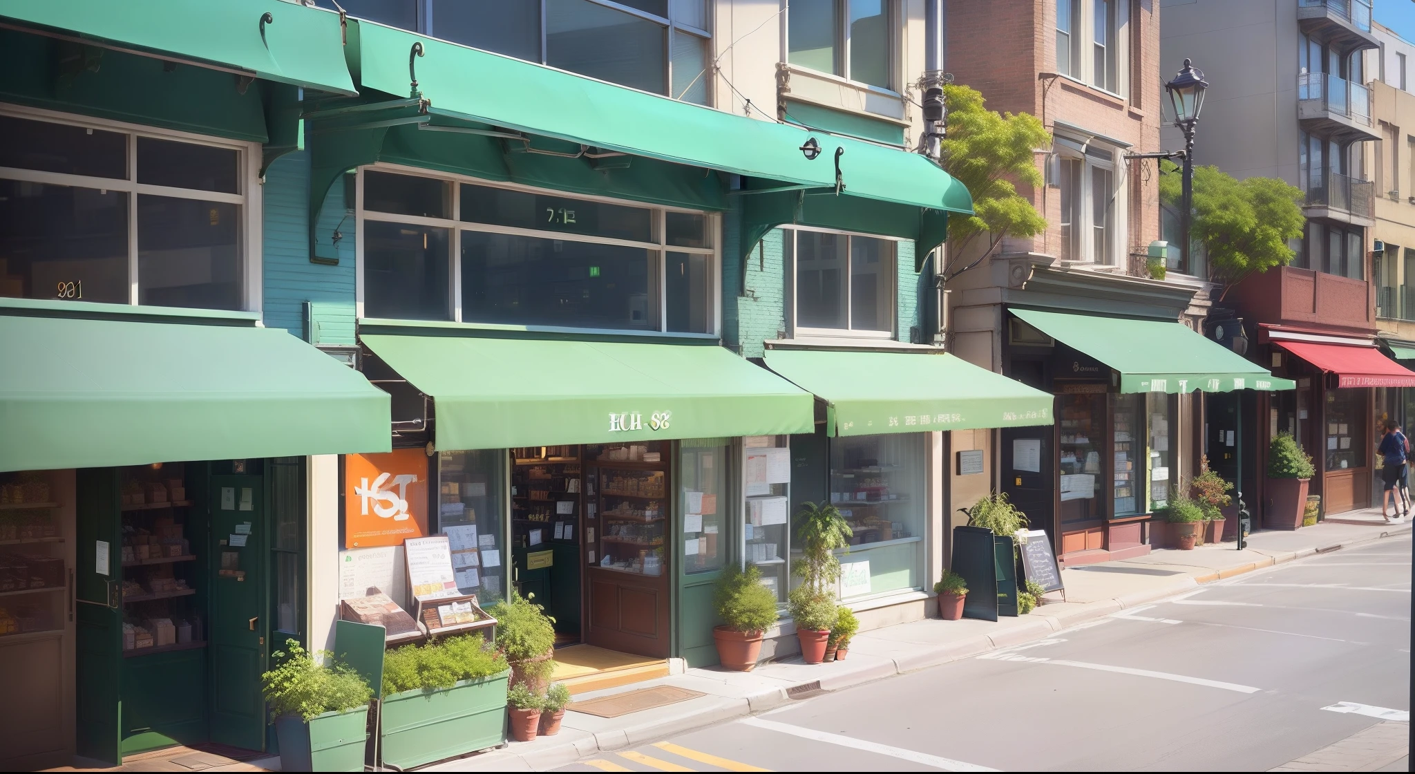 there are many shops on the side of the street with green awnings, storefronts, storefront, wit studio, warm street lights store front, 35mm —W 1920 —H 1080, street corner, on a sunny day, shop front, modern lush condo as shopfront, twice, eeri, beautiful sunny day