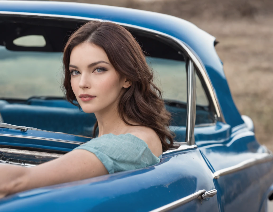 blue car,Parthenon-style air intakes,Slender through-through headlights。