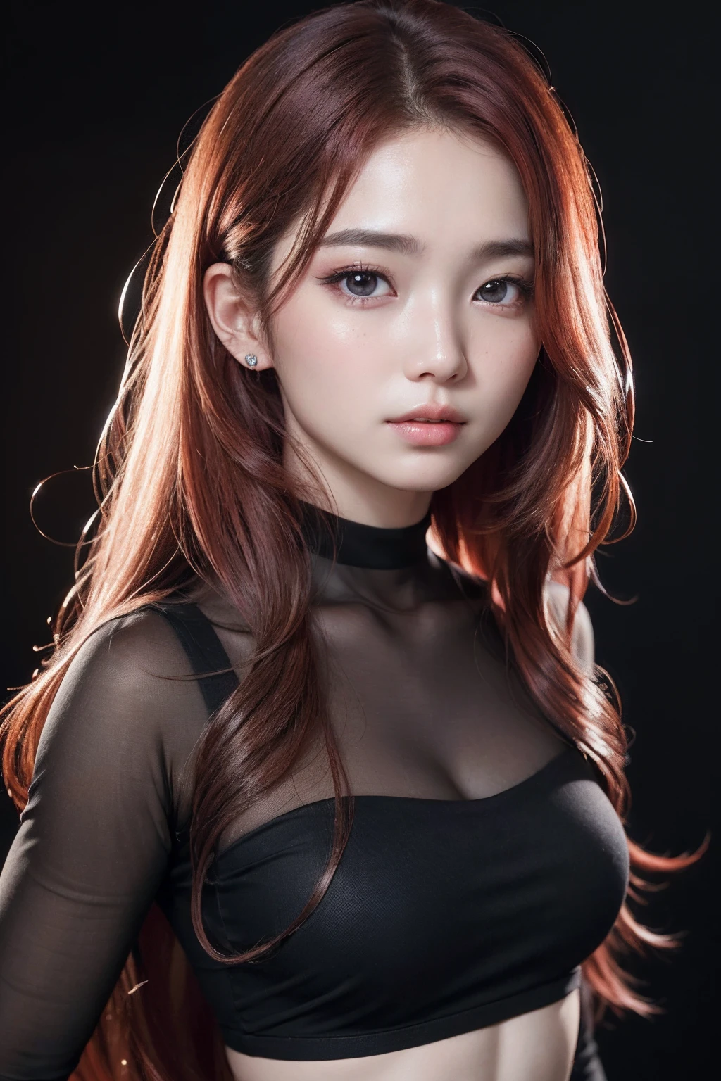 absurdres, 1girl, star eye, blush, (realistic:1.5), (masterpiece, Extremely detailed CG unity 8k wallpaper, best quality, highres:1.2), (ultra_detailed, UHD:1.2), (pixiv:1.3), perfect illumination, distinct, (bishoujo:1.2), looking at viewer, unreal engine, sidelighting, perfect face, detailed face, beautiful eyes, pretty face, (bright skin:1.3), idol, (abs), ulzzang-6500-v1.1, soft smile, upper body, (dark red hair), (simple background), ((dark background)), (depth of field), close-up, selfie