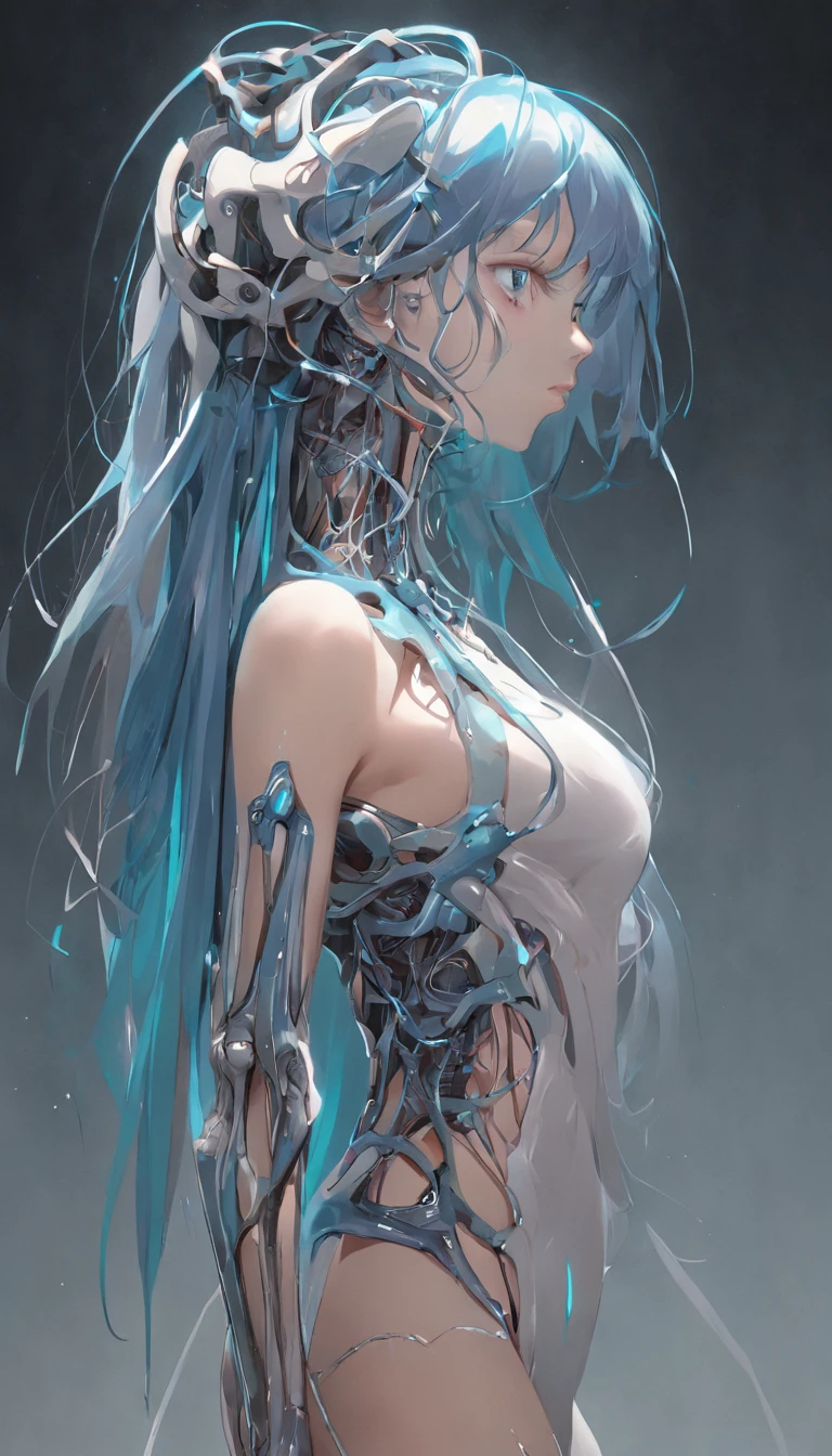 Porcelana Mujer Android, ciborg, Robotic Parts, 150 mm,cuerpo completo, hermoso estudio luz suave, Luz de llanta, Detalles vibrantes,encaje, hiperrealista, Anatomical, electrical wires, microchip, elegante, Laboratorio en segundo plano, Renderizado de octanaje, h.Estilo R Giger, 8k,cabello azul,Asymmetrical long hair,cuerpo translucido,ojos verdes, Miki Asai Macro Photography, cuerpo completo, hiper detallado, tendencias en Artstation, foco nítido, Foto de estudio, Detalles intrincados, Altamente detallado, por Greg Rutkowski