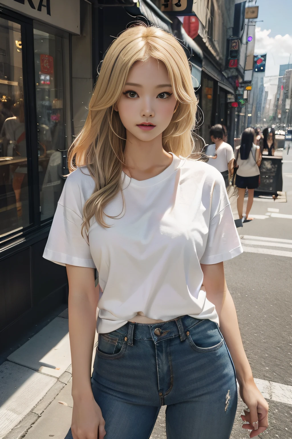 (​masterpiece、top-quality、top-quality、raw、A hyper-realistic)、Urban cityscape、Shibuya cityscape、((Beautiful foreign woman with high nose with clean blonde hair)))、(((Please wear a plain white T-shirt all over your body.)))、((whole body visible))、(standing straight ahead)、(T-shirt comes out rough from pants)、Wearing jeans、ighly detailed、colourfull、highestdetailed