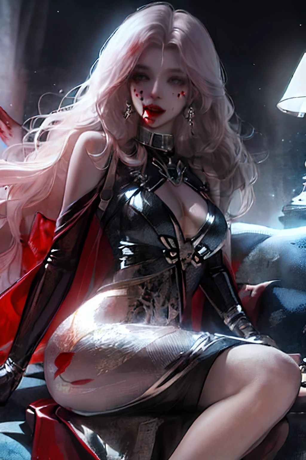 Long white wavy hair and blood-colored eyes, Tall, Sexy elegance ,blacksilk ,high-heels,Teasing expressions,spread thighs,Expose cleavage,Moles under the eyes,putting makeup on,highly detailed character,round and smooth bare legs,8K,best qualtiy,Many-Layer Textures、Albedo e mapas Speculares、Surface Coloring、Accurate simulation of light-material interactions、Perfect body proportions for the whole body
HDR(HighDynamicRange),Ray traching,NVIDIA RTX,PBR Texture、post-proces、Anisotropy Filtering、depth of fields、maximum definition and sharpness、