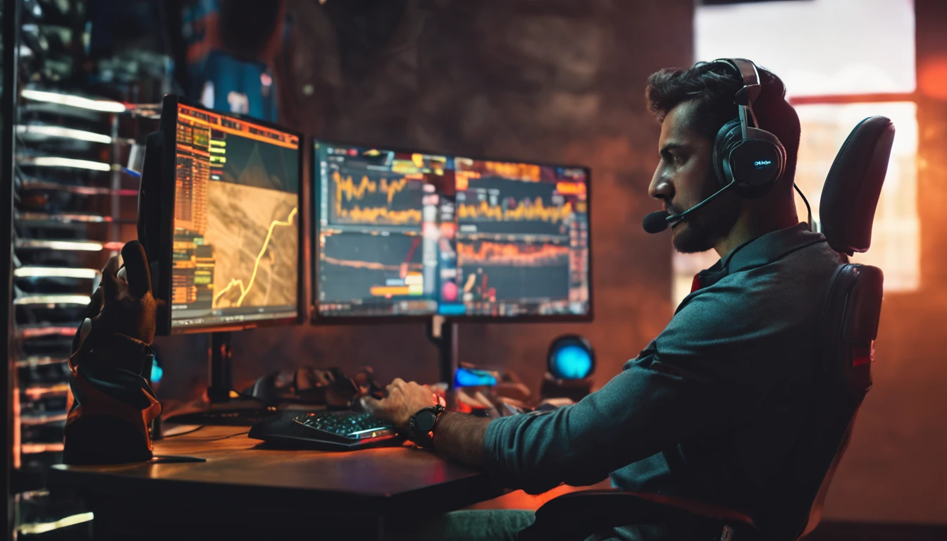 day trader operando em frente ao computador em uma cadeira gamer realista vista de costas
