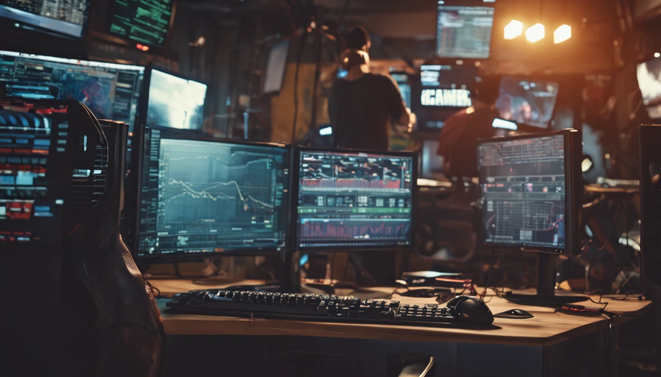 day trader operando em frente ao computador em uma cadeira gamer realista vista de costas
