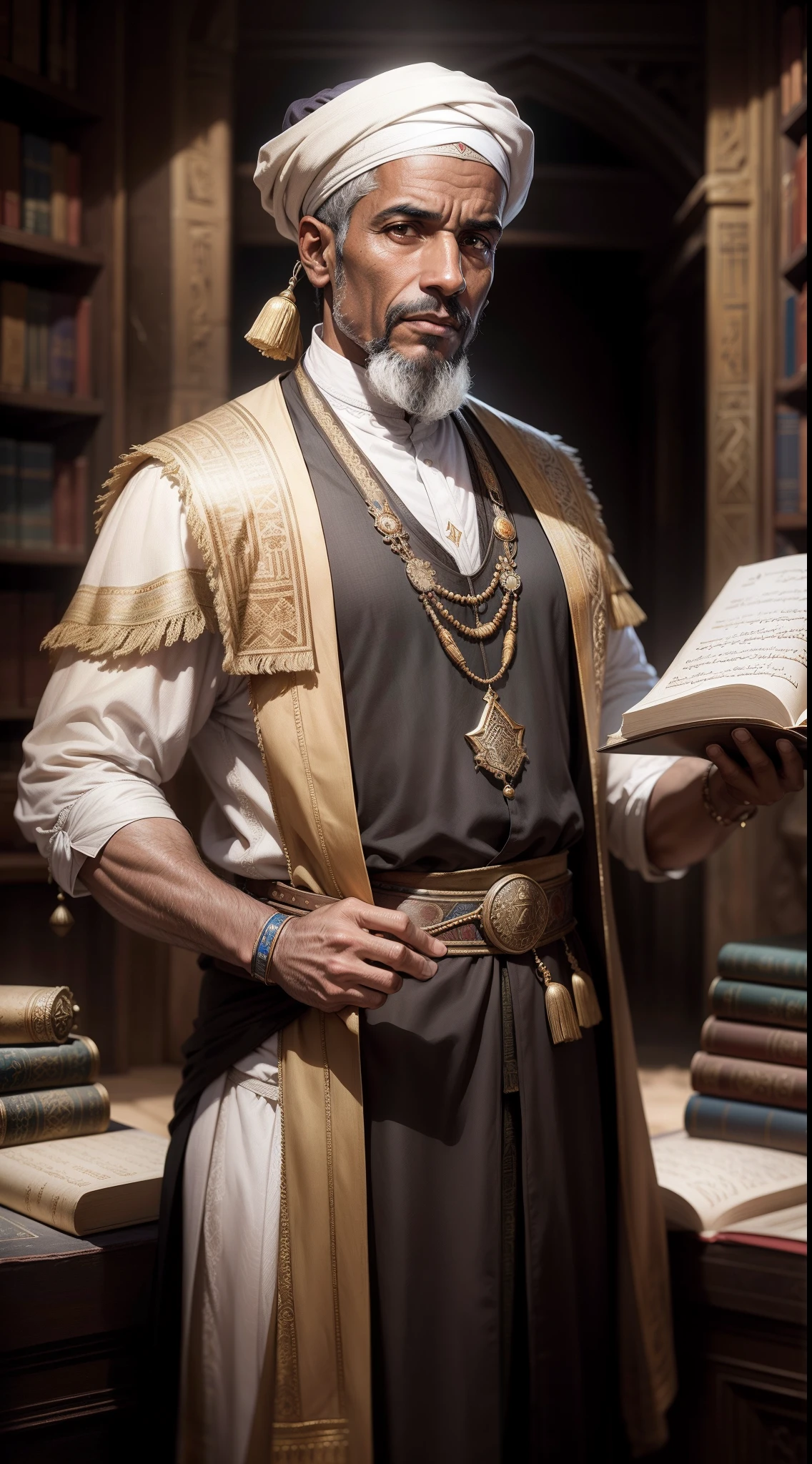 Ibn Iyas, historian, chronicler, historian, Egyptian, Muslim, 16th century, renaissance, age of exploration, man, male, 52 years old, old, wrinkle, knowledgeable, well-educated, determined, healthy, strong, holding a quram, background is exterior Alexandria in Egypt