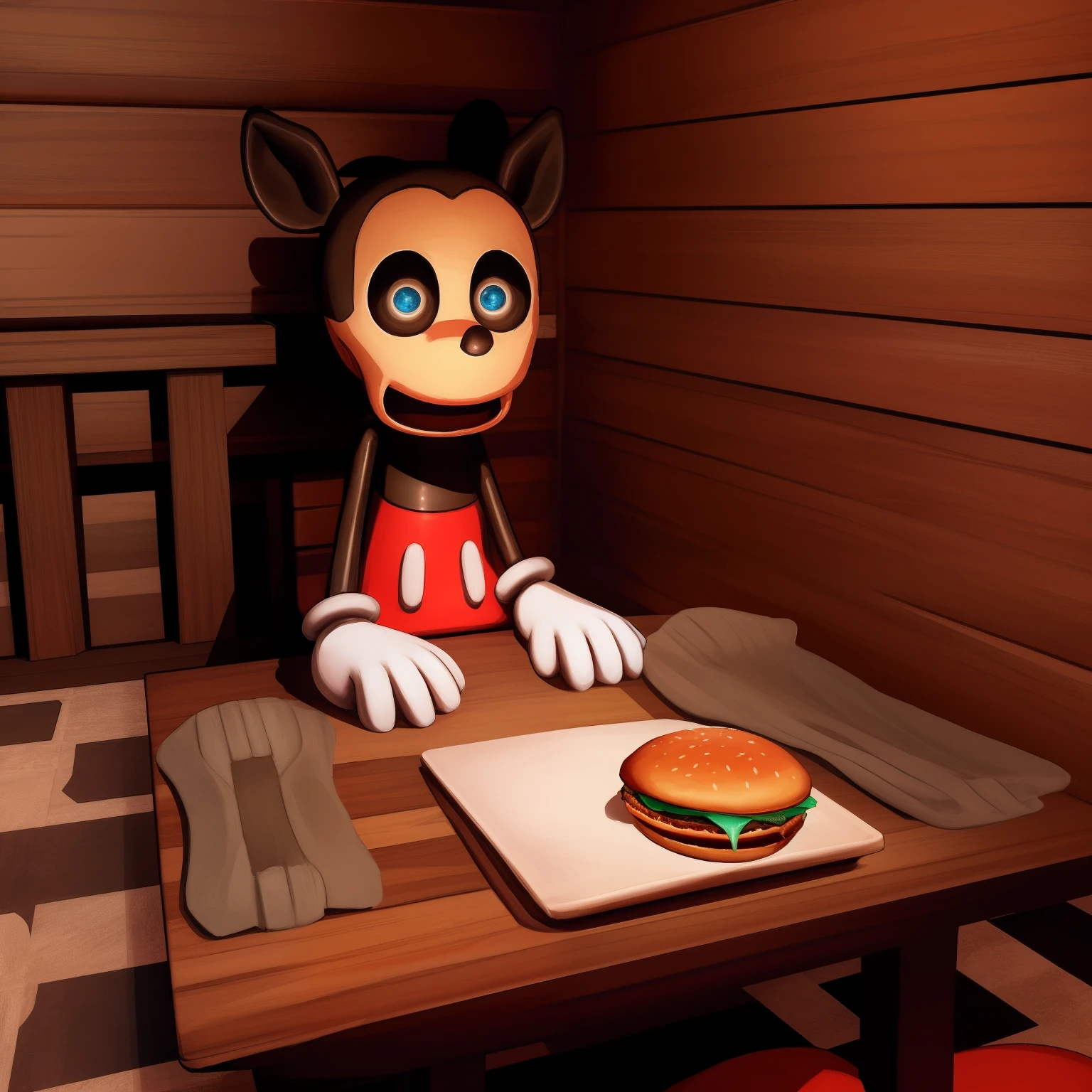 Mickey Mouse, no legs, legless, missing legs, (leg stumps), blue eyes, open smile, agape, big and wide mouth, full body, (holding a burger), two-handed burger, dynamic angle, no table, cabin, night, sitting down, detailed art, intricate details