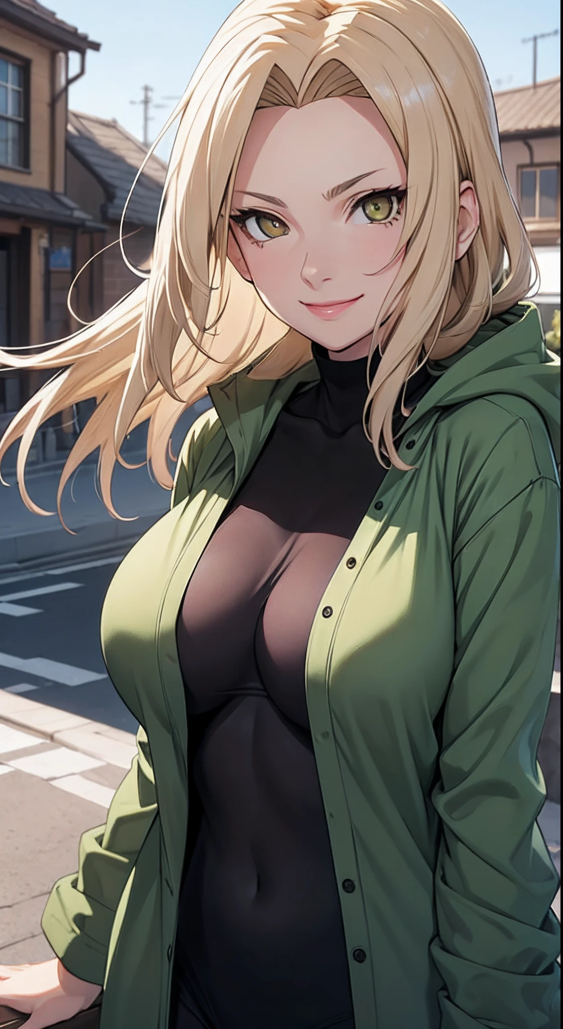 tmasterpiece,blond hairbl,Green coat,Golden eyes,ssmile,slightly fat big breasts,Be red in the face,Headwinds and sagging,best qualtiy,The is very detailed,Bust photo,Get close to the lens,Top-down view,with a good figure