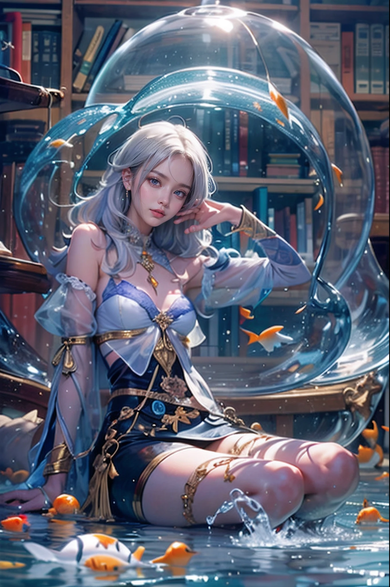 Best Quality, masutepiece, (Realistic:1.2), 1 girl, Detailed face, Beautiful eyes, [(Transparent background:1.5)::5],(((masutepiece))),(((Best Quality))),(((Extremely detailed))),Illustration, 1girll,Solo,Mysterious,vivd colour, shiny, Underwater transparent sealed hemispherical glass dome, (White hair),(Purple eyes), full body Esbian, Barefoot, Tranquility of long hair、naturey, Koi, under the water, dome, close up, Dynamic Actions, Lens perspective,(((Box configuration))),Sitting cross-legged，Leaning against the bookshelf, voluminetric lighting, multi-color eyes, Detailed eyes, ultra - detailed, lightsmile, Highly detailed, Beautiful, small detailed, ultra-detailliert, Best Quality, Convoluted, 4K, 8K, Trending on Art Station, Good anatomy, Beautiful lighting, Award-winning,