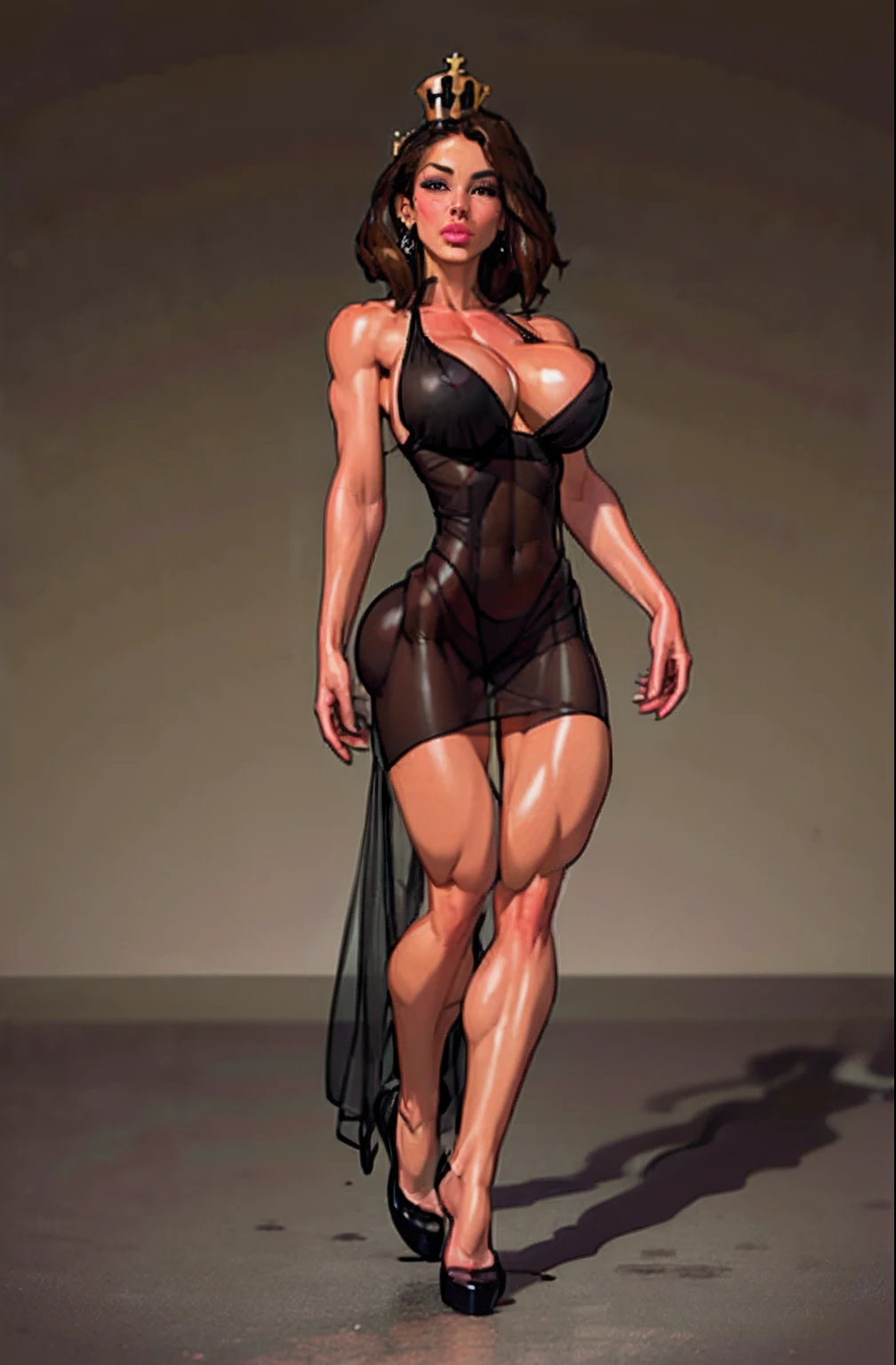 (Best quality, 8k, 32k, Masterpiece, UHD:1.2),Photo of Pretty woman, ((1 girl)), ((solo)) embodiment on chess queen, chess theme, white and black attire,(medium-short dark brown hair), double eyelid, large breasts, breast cleavage, dressed in queen chess piece attire, high heels, standing on chessboard, look at viewer, faint smile, from below