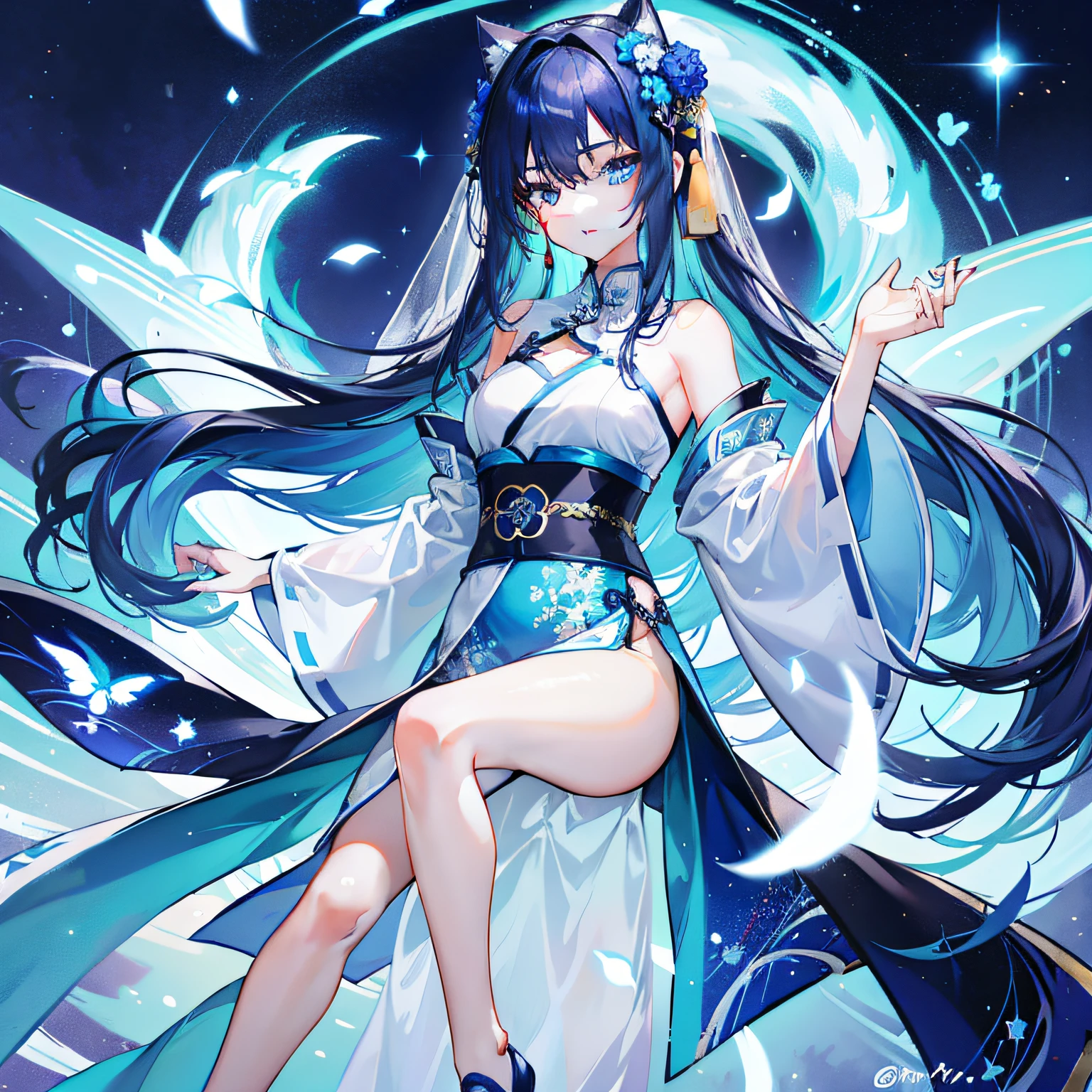 Cosmos Field Elongated blue straight hair
Wearing Chinese costume,for the background, Blue sora dotted with beautiful cosmos fields in the background,She is a beautiful person, Cute type., Slender Petite Sweet Girl、beauty
Adorable face、Lovely woman with cute eyes