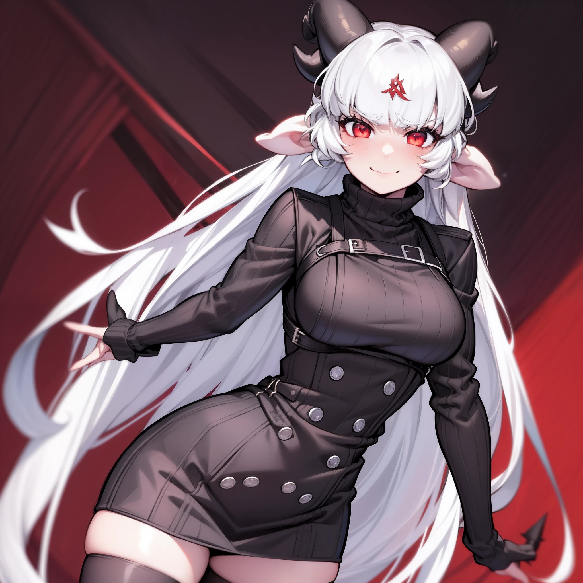 modeus(helltaker), black horns, large breasts, simple background, red eyes, long sleeves, closed mouth, symbol-shaped pupils, clothes tug, white background, black thighhighs, solo, sweater, long hair, white hair, medium hair, demon tail, sleeves past wrists, ribbed sweater, thighhighs, blush, turtleneck, 1girl, turtleneck sweater, heart, demon horns, tail, leaning forward, black tail, horns, heart-shaped pupils, red sweater, looking at viewer, hair between eyes, cowboy shot, demon girl