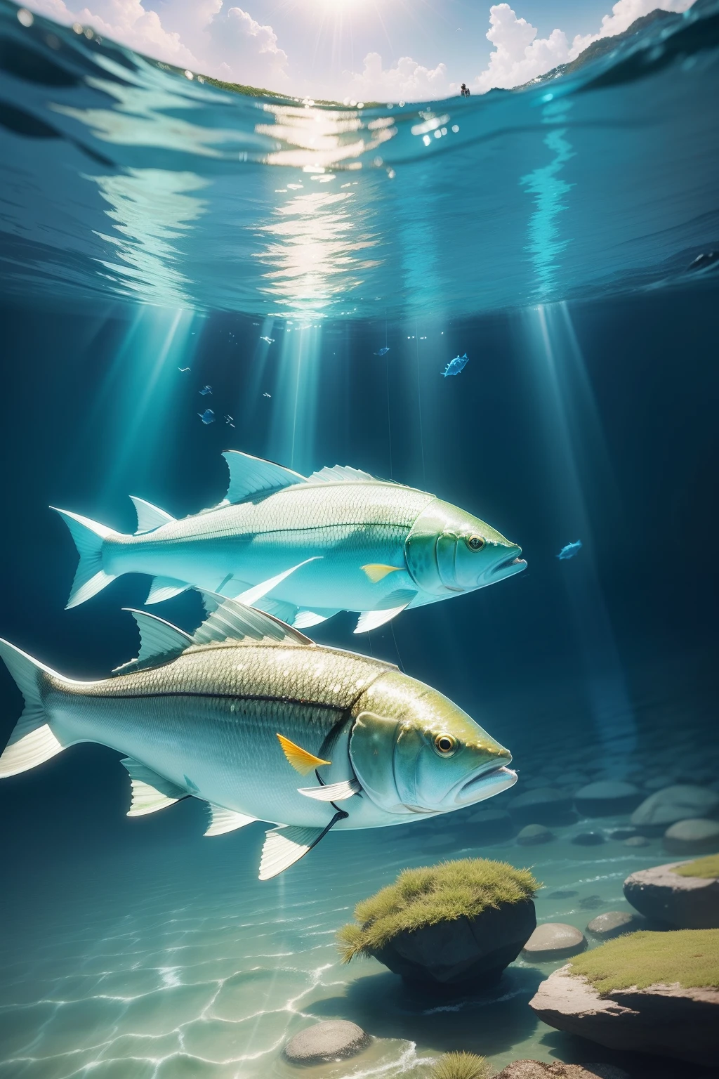 Clear water,Shimmering light,Horizontal shooting,Tyndall rays,Anglers fishing。Plants