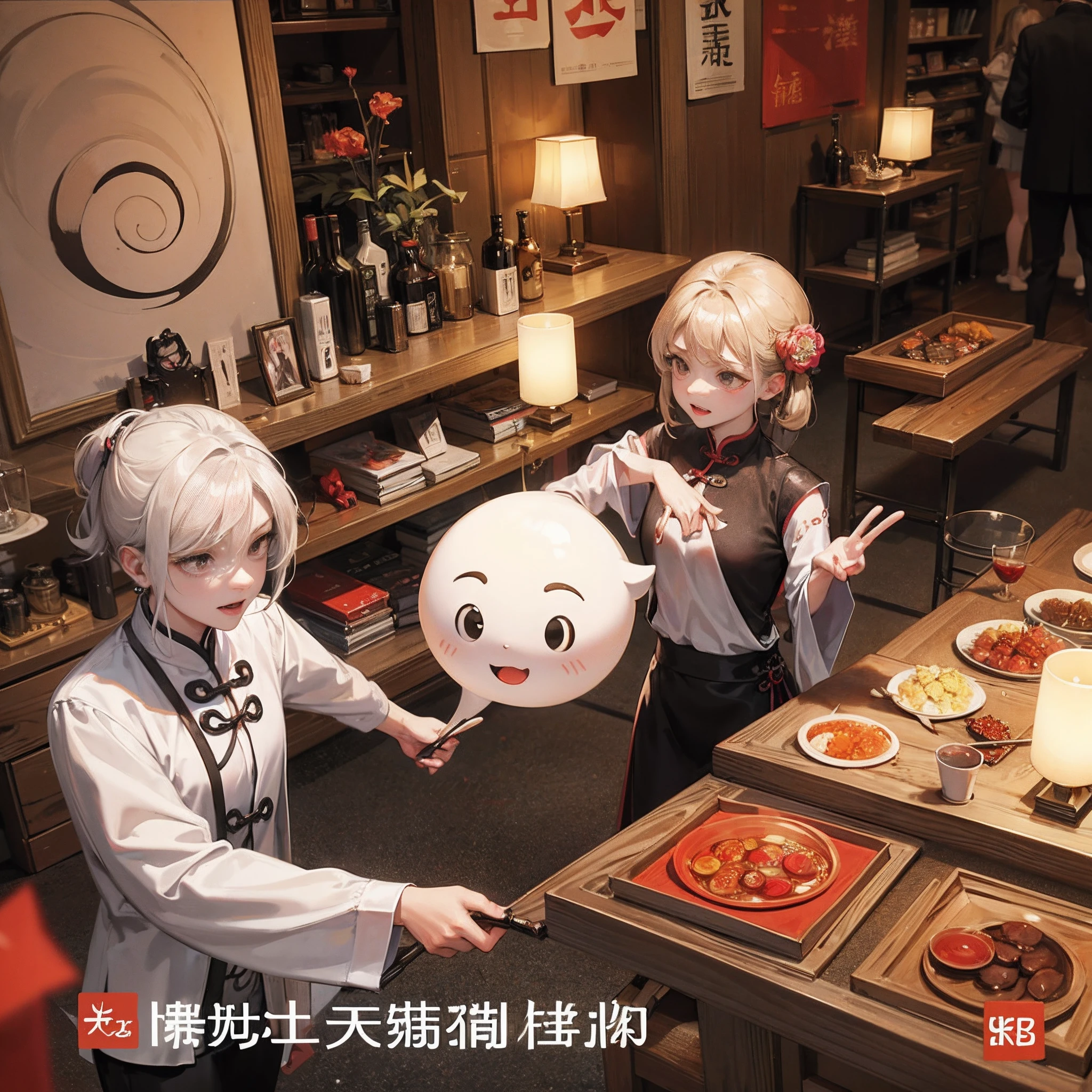 There is a poster，It depicts Chinese yin and yang communication people ghosts and people harmonious coexistence, warm spoofing ghost festival Central Plains festival，Undead