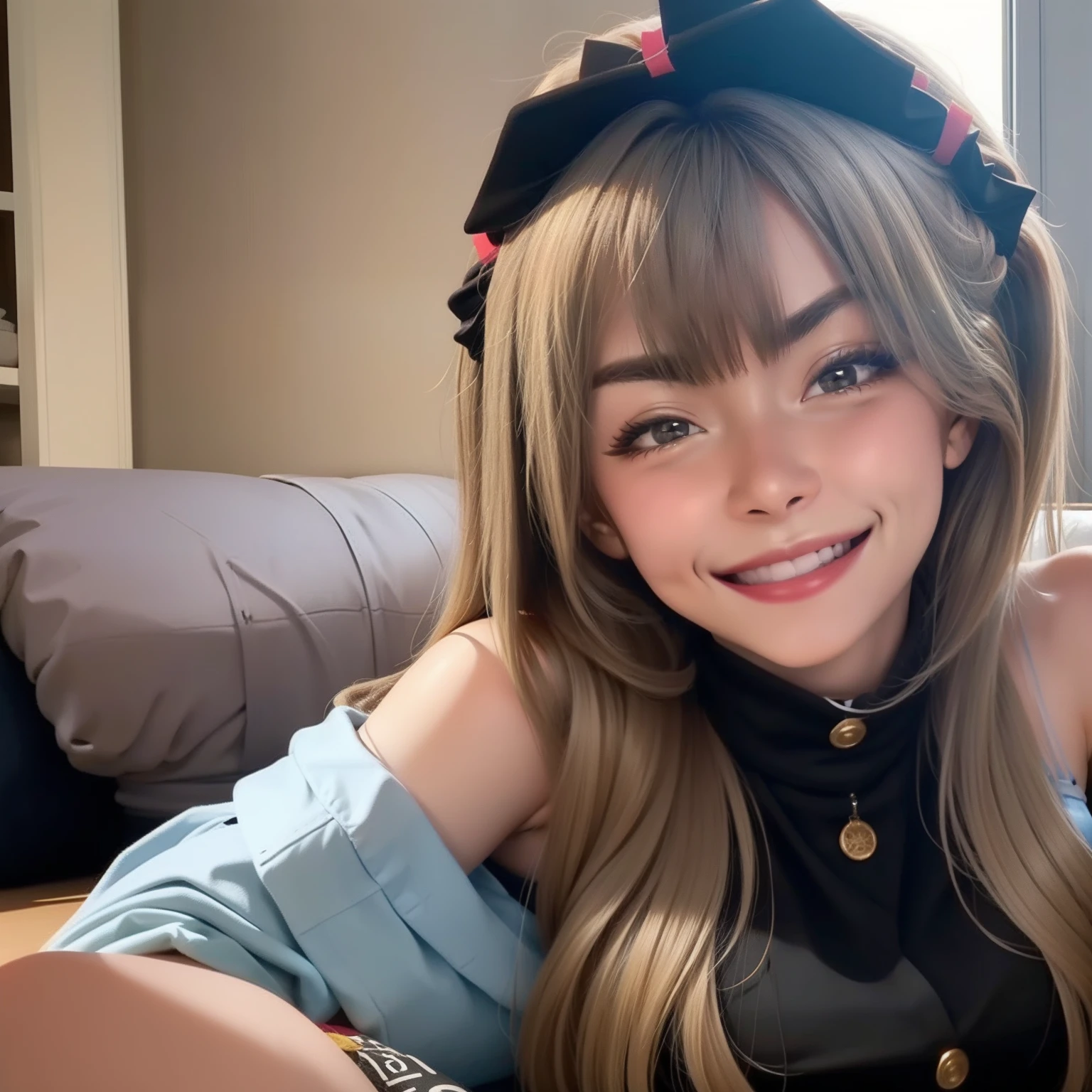 rolls her eyes and sticks out her tongue and smiles