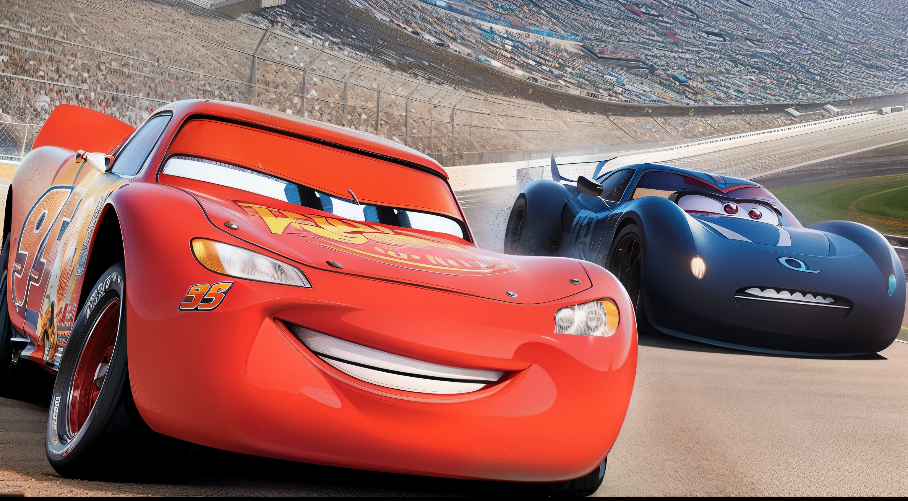 cars are racing on a track with a large stadium in the background, the cars have faces, pixar cars movie style, cars pixar movie style, disney pixar movie still, still from a pixar movie, still from a 2015 pixar movie, pixar movie still, still from the pixar movie, still from pixar movie, himars in cars pixar movie, pixar still