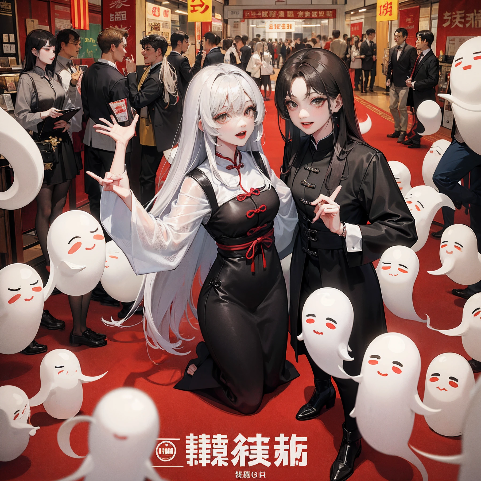 There is a poster，It depicts Chinese yin and yang communication people ghosts and people harmonious coexistence, warm spoofing ghost festival Central Plains festival，Undead