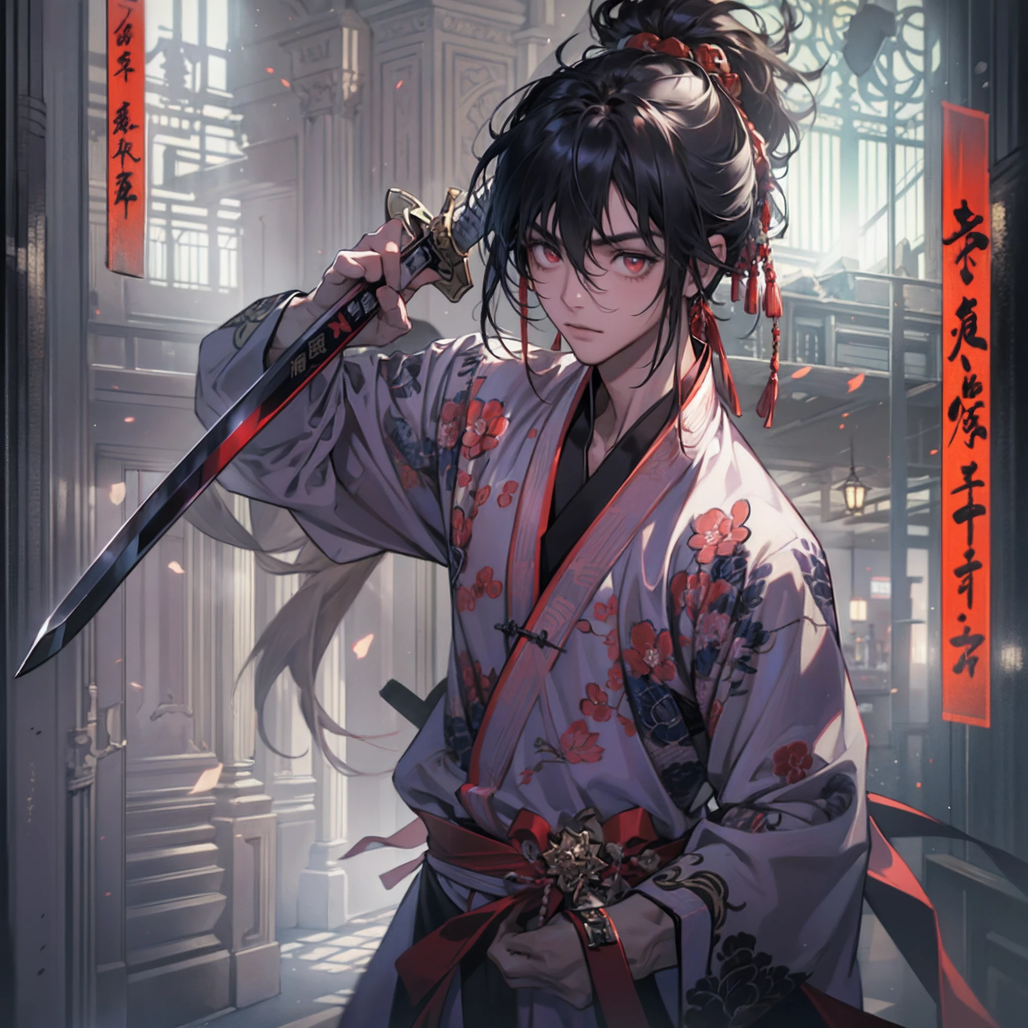 独奏、(Handsome boy:1.4)、(Holding the sword:1.2)、(Confident Face:1.2)、ers old、Very long ponytail with black hair、Red Eyes、Toned body、Muscular boy、traditional Chinese clothing、(Plum emblem on the chest of clothes)、(A dark-haired)、(Top image quality)、(8K picture quality)、(masutepiece)、cinematric light, Cinema Shadow, Sharp Image, Extremely detailed, Volumetric, beautiful effects, Vivid colors, Highly detailed image textures, detailed hairs, Detailed eyes, Photo from the knee up