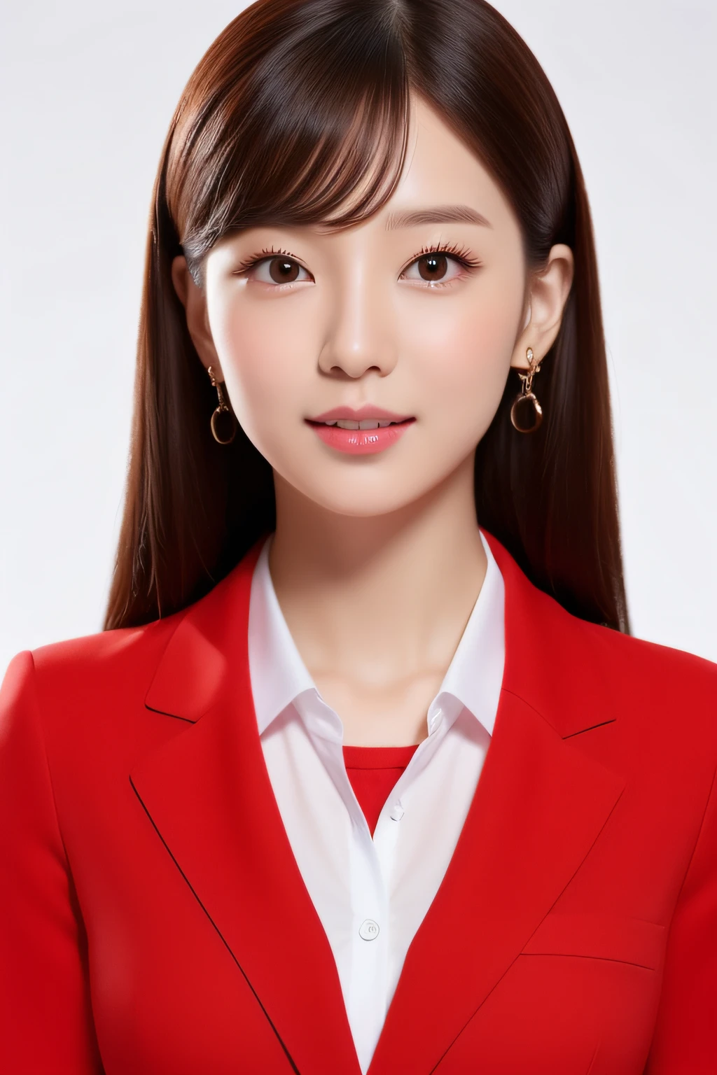 A cute korean girl presenter delegent office suite, realistic, face detail, clear background, looking at the viewer directly, style presentation, red clothes
