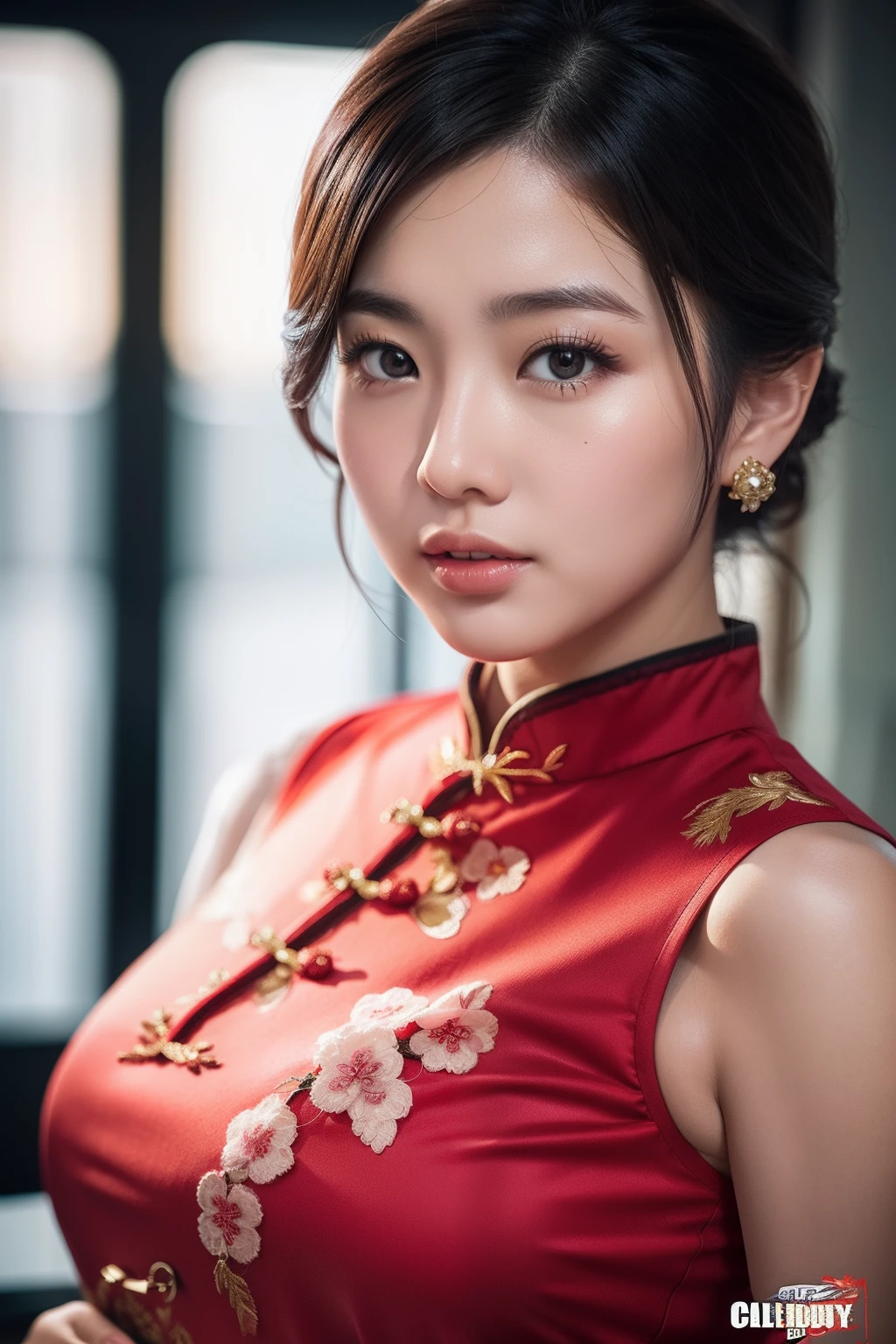 Beautiful chubby asian woman in Call of Duty style,on cheongsam,close up photograph, Photos taken with a Canon EOS R5 DSLR camera, Cinematic lighting, Ultra photo realsisim, Intricate details, Her face is delicate