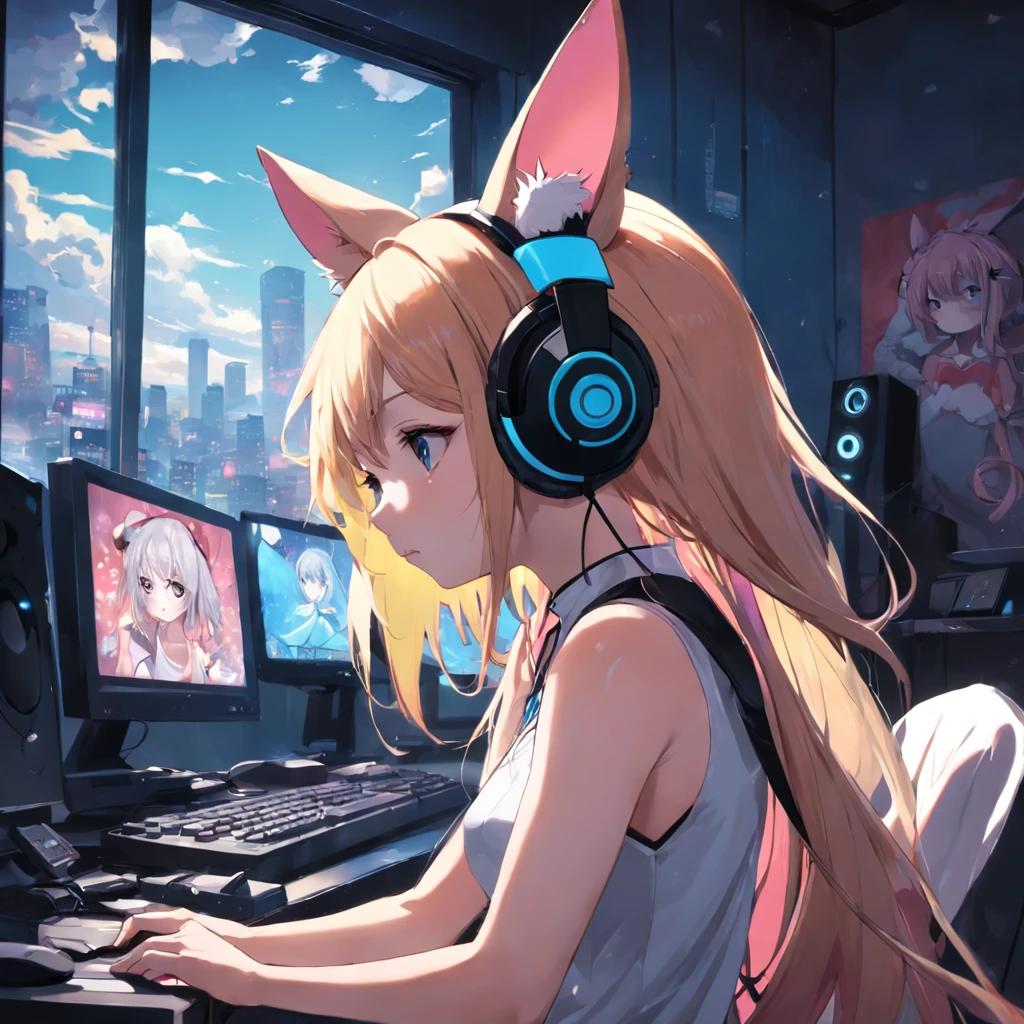 The sad Lofey girl looked out the window,Headphones on the head,There are animal ears,Wear underwear,Play with the computer's mouse. There is a painting of serenity on the background wall