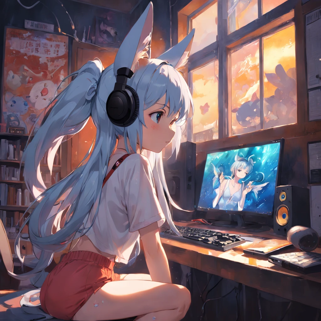 The sad Lofey girl looked out the window,Headphones on the head,There are animal ears,Wear underwear,Play with the computer's mouse. There is a painting of serenity on the background wall