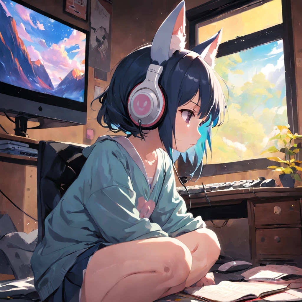 The sad Lofey girl looked out the window,Headphones on the head,There are animal ears,Wear underwear,Play with the computer's mouse. There is a painting of serenity on the background wall