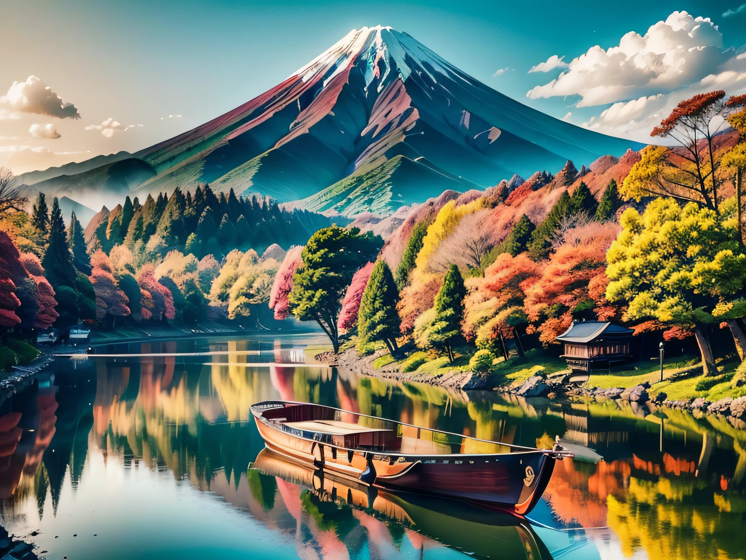 arafed boat on a river with colorful trees and fuji moutain in the background, japan nature, japanese landscape, japan sightseeing, japan deeper travel exploration, japan travel and adventure, kyoto japan setting, japan travel and tourism, japan travel aesthetic, rich picturesque colors, japan rural travel, kyoto, lush japanese landscape, autumn season, heroine japan vivid landscape, beautiful nature, countryside in japan, shizuoka, fuji san